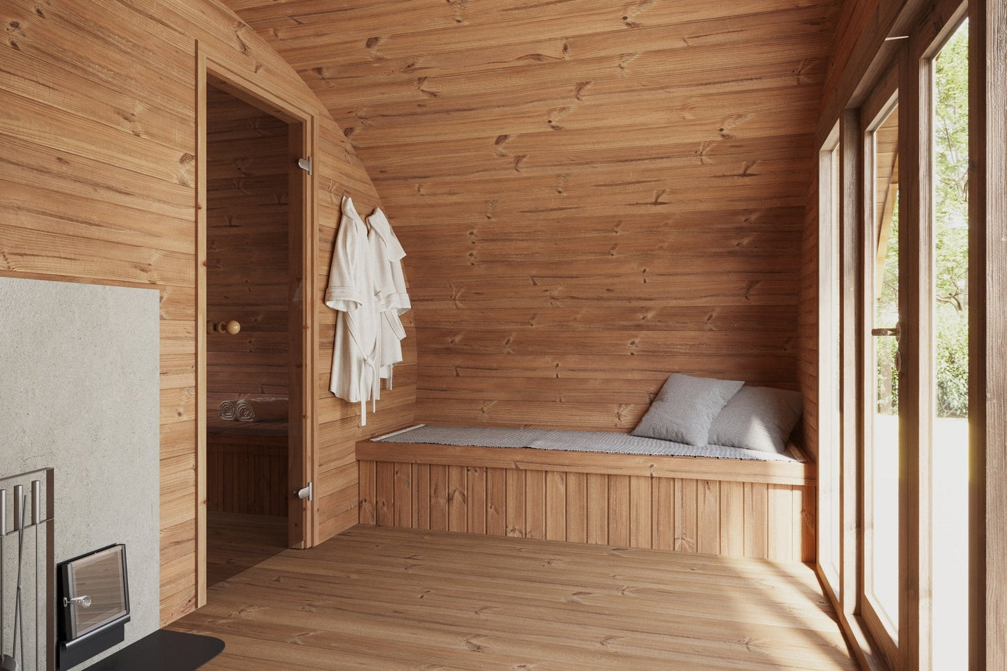 Hobbit 500 sauna extérieur intérieur avec baignoire.