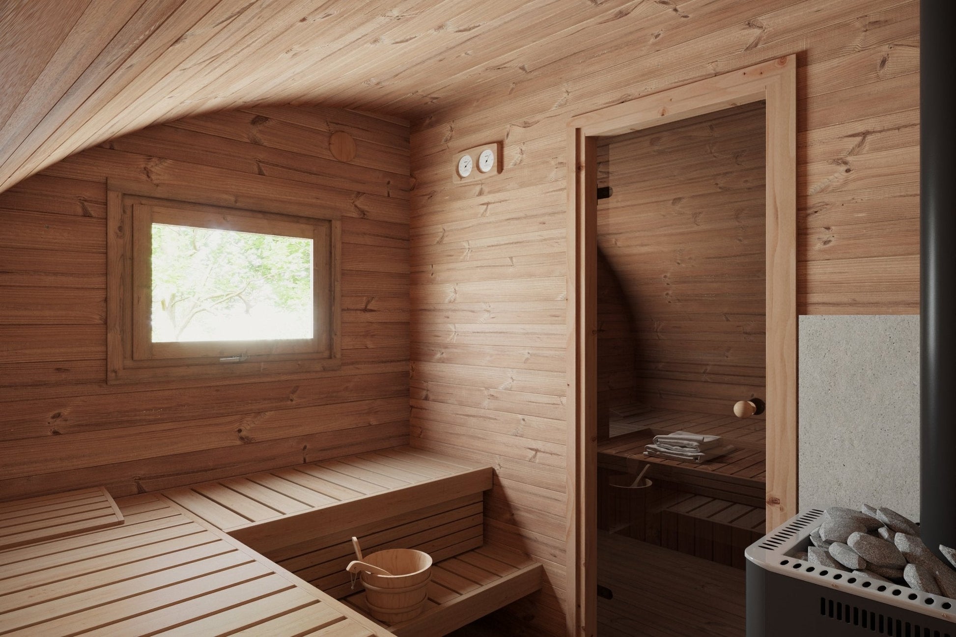 Hobbit 500 outdoor sauna with window and wooden bucket.
