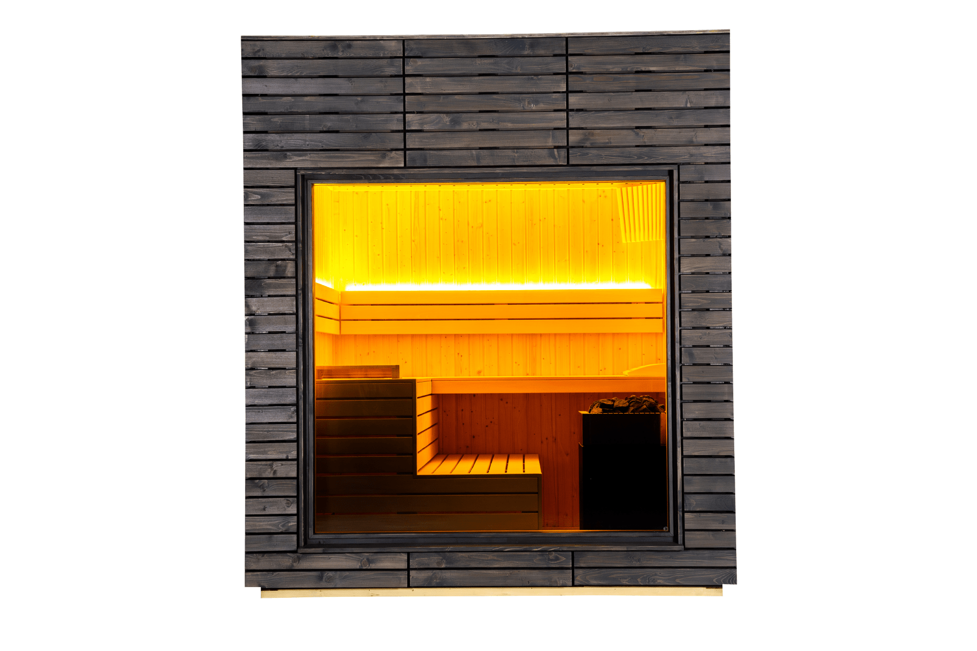 Alpine insulated outdoor sauna with illuminated window.