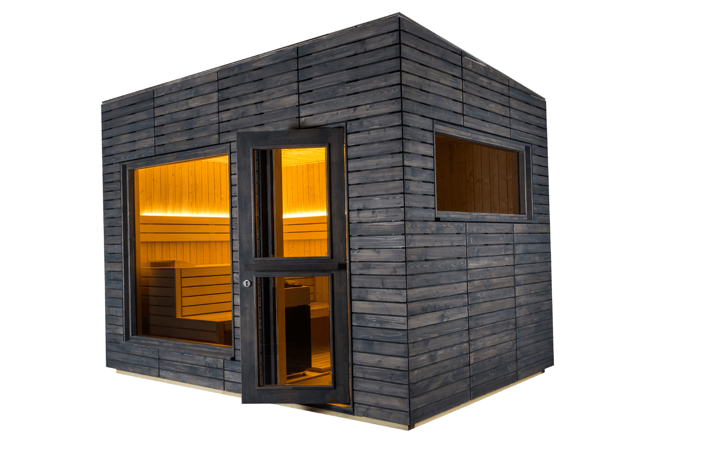 Gran sauna al aire libre con aislamiento Alpine y puerta de cristal.