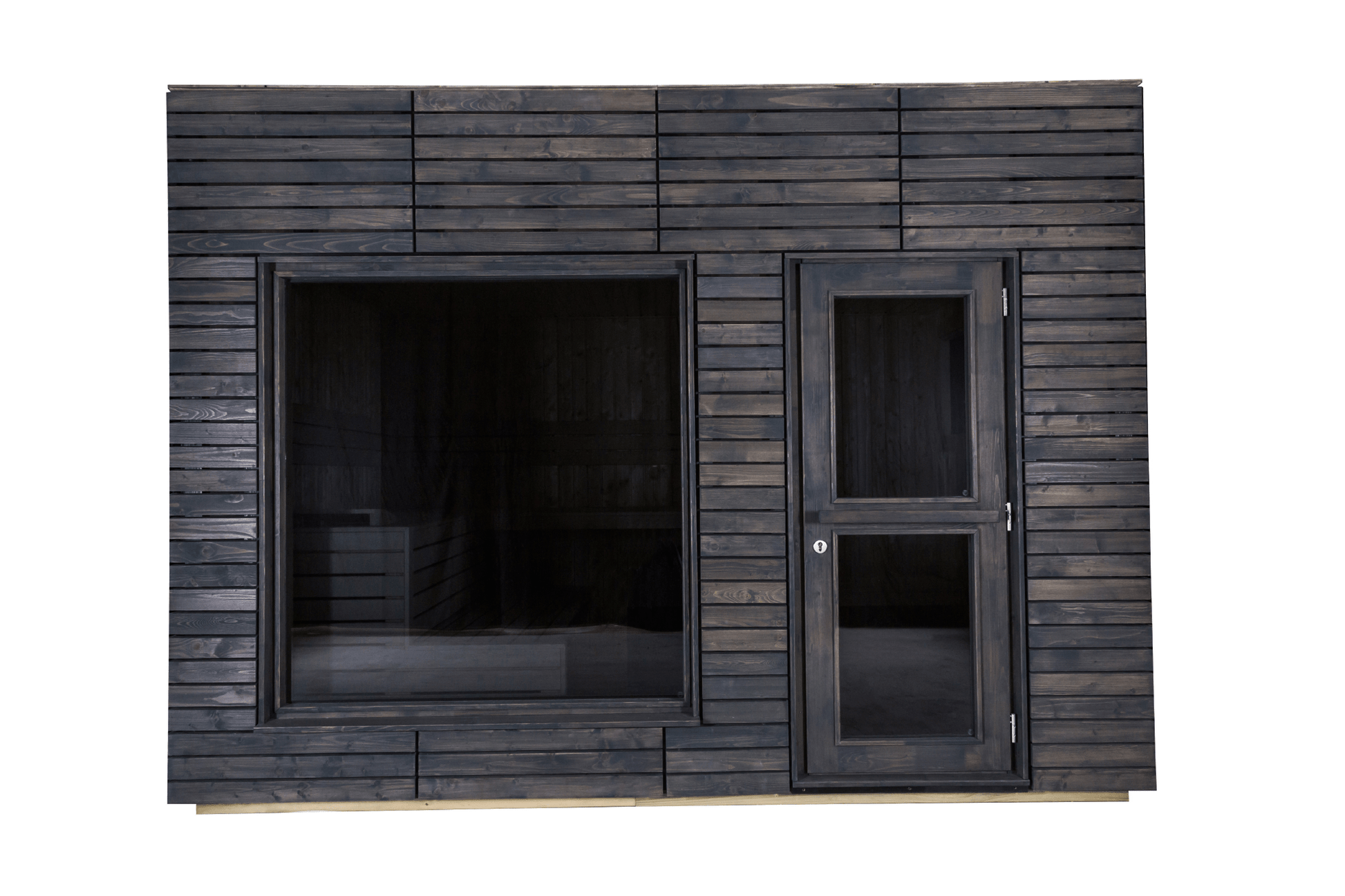 Large Alpine insulated outdoor sauna with wooden window and door.