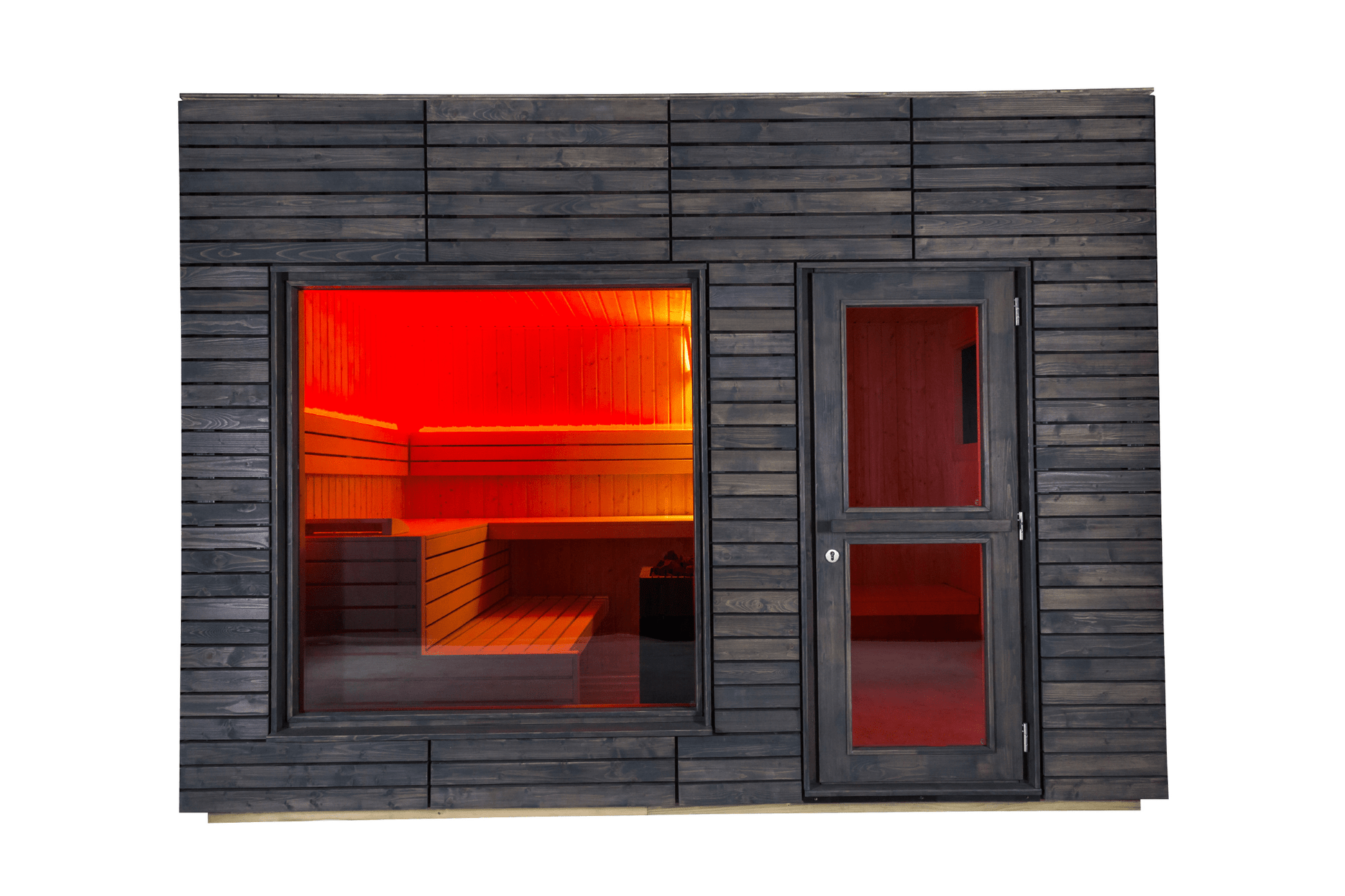 Large Alpine insulated outdoor sauna with wooden window and door.