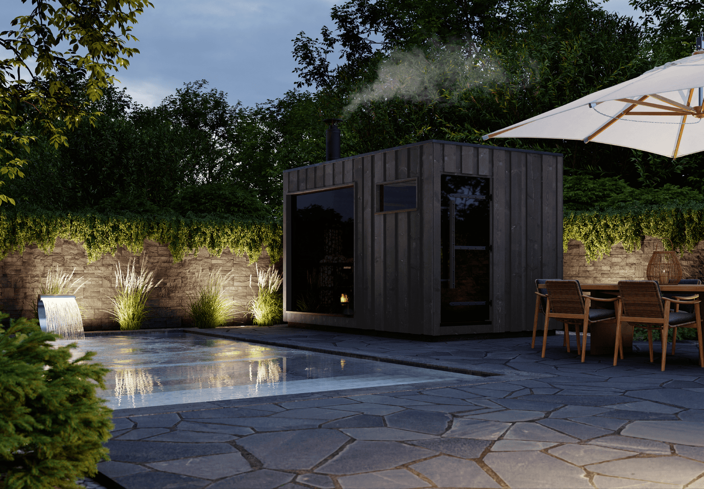 Sauna Exterior Isolada - Sauna Legend con vistas panorámicas y mobiliario.