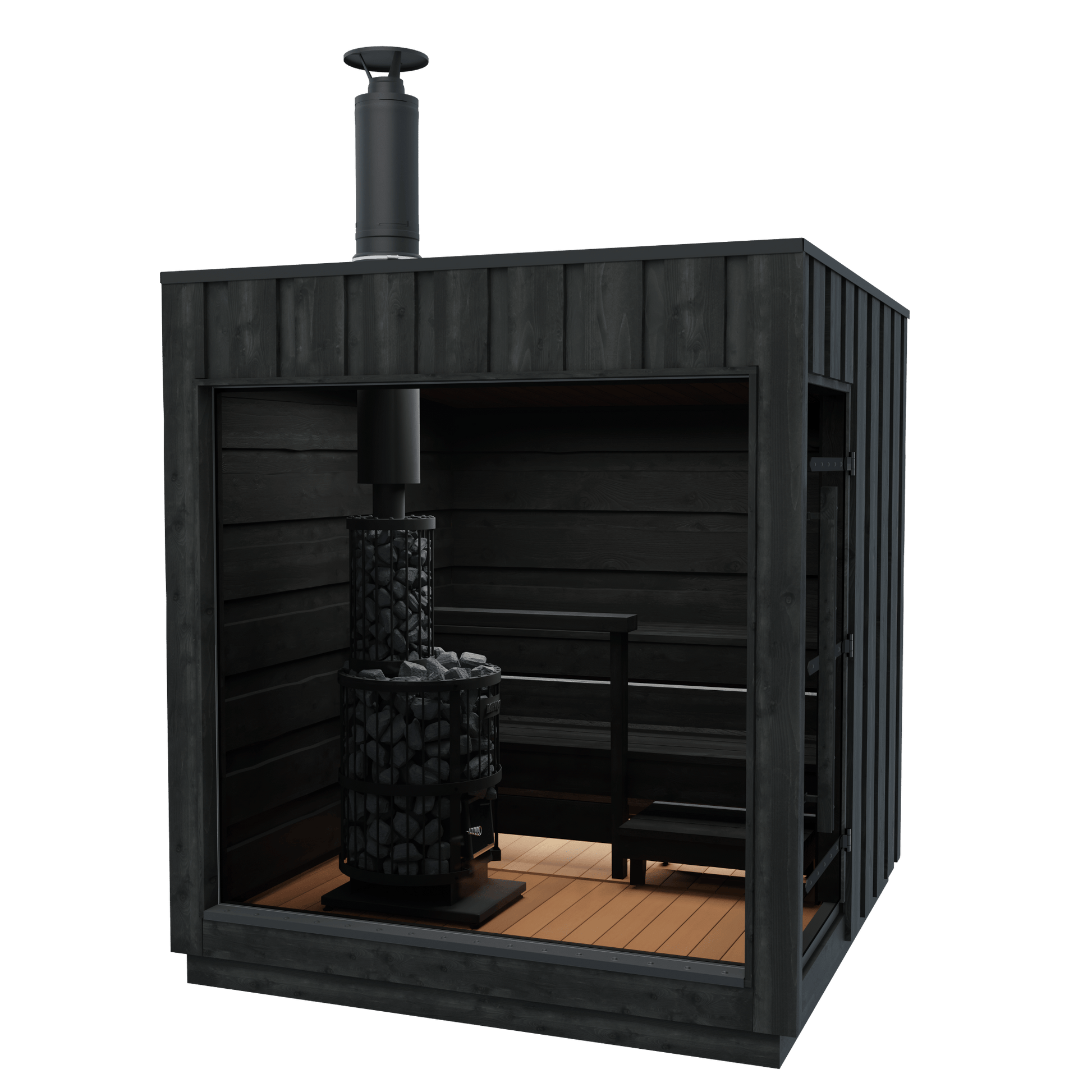 Isolated outdoor sauna - Legend sauna with chimney and fireplace.
