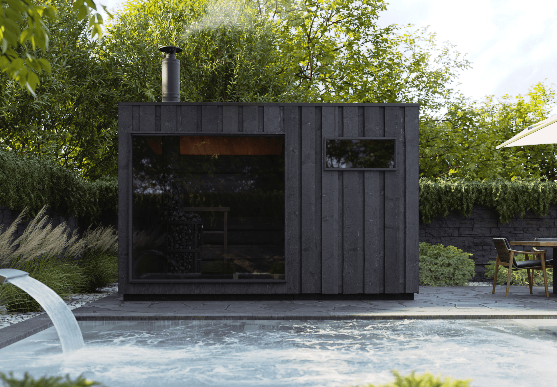 Isolated outdoor sauna - Legend sauna with panoramic window.