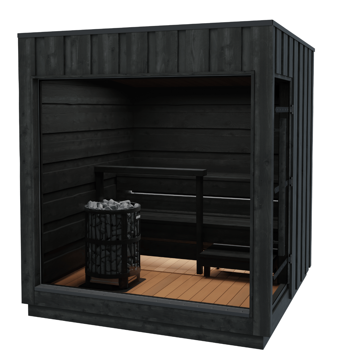 Sauna Exterior Isolada - Sauna Legend con banco y chimenea.