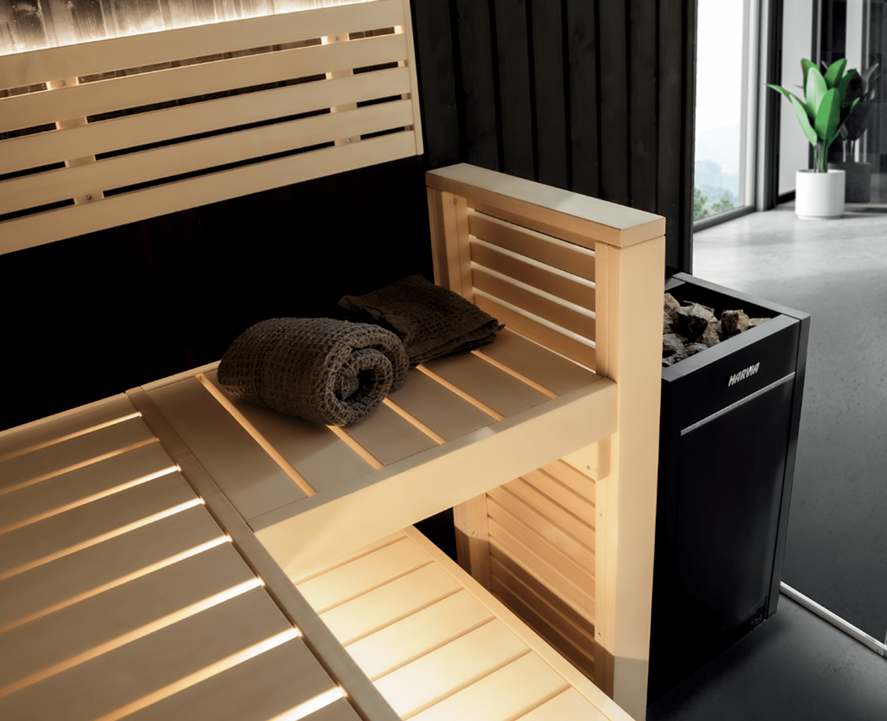 Fenix sauna with wooden bench and plant.