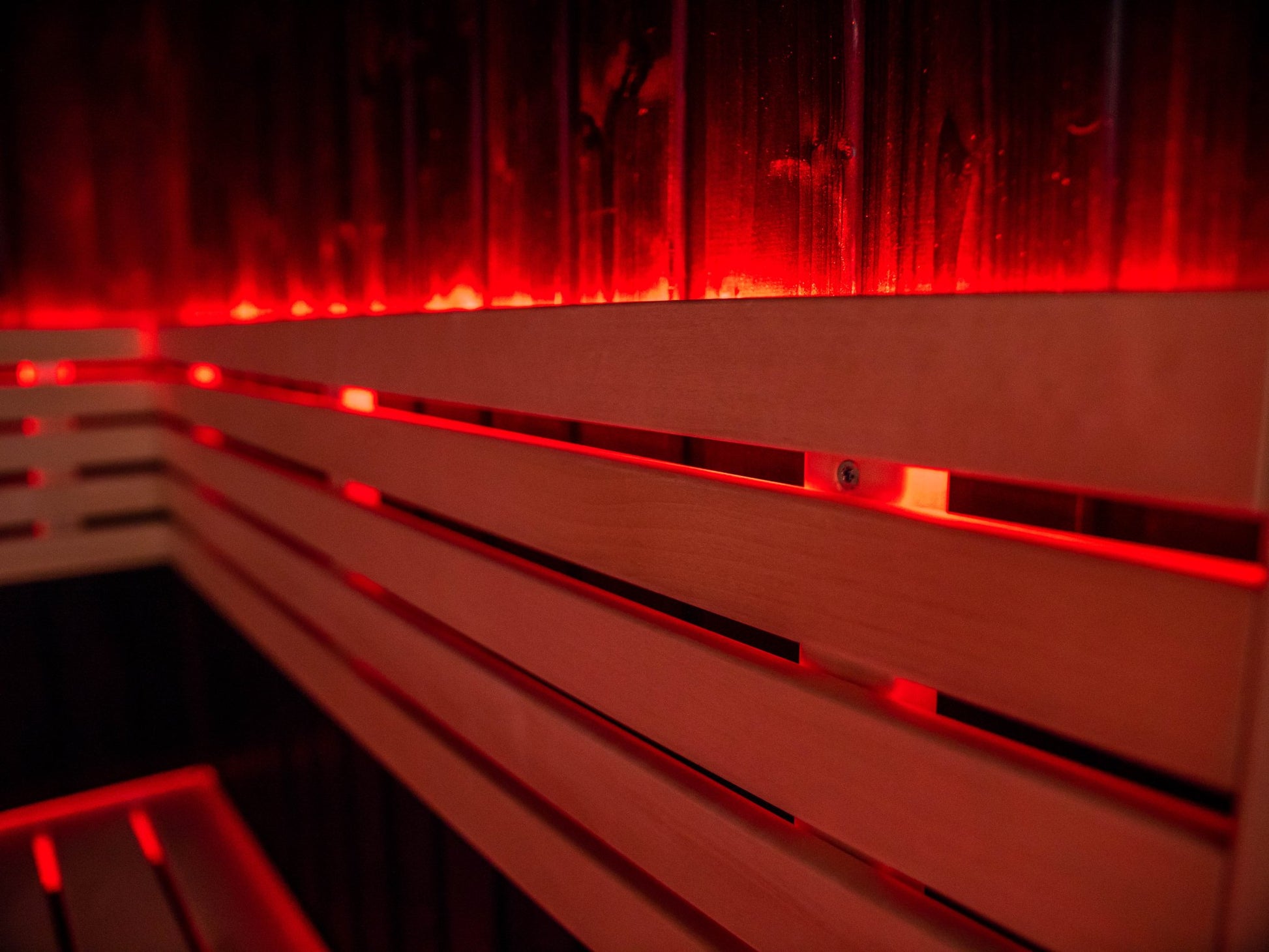 Fenix sauna with LED lighting on a wooden bench.