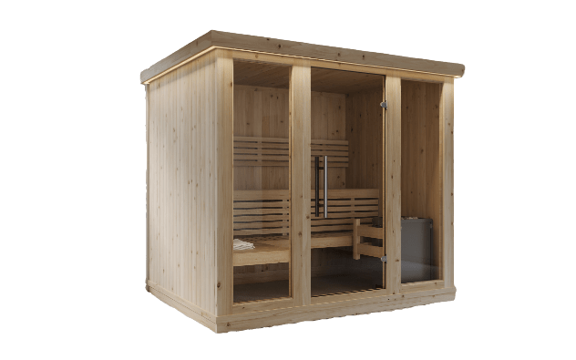 Grande sauna interna con porta in vetro temperato.
