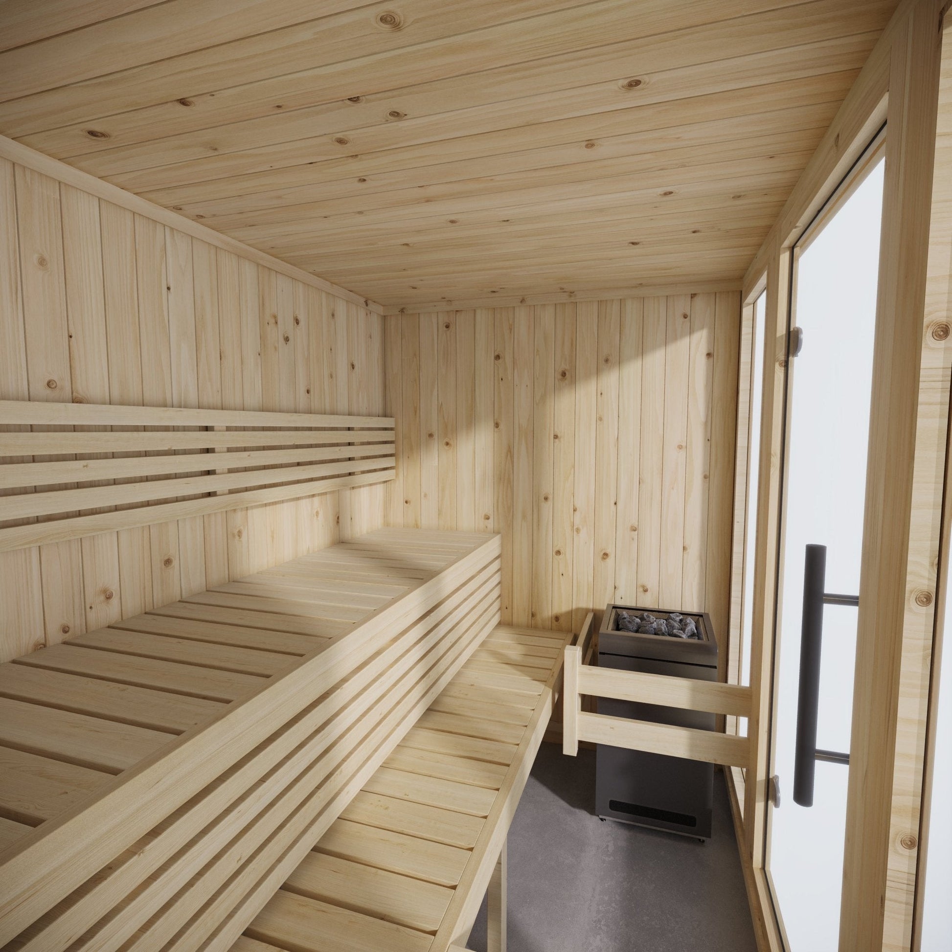 Large wooden indoor sauna with window.