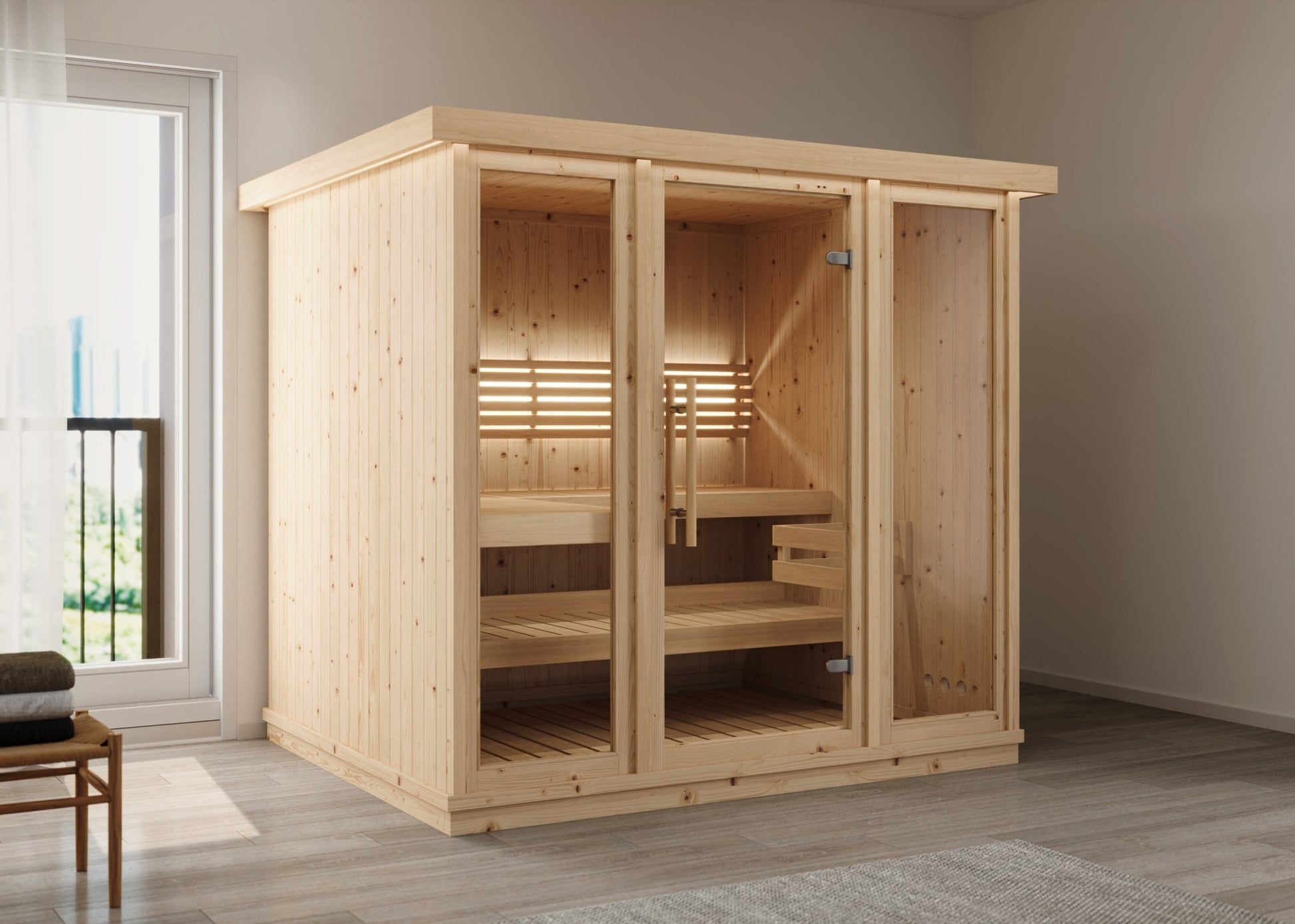 Large wooden indoor sauna with glass doors.