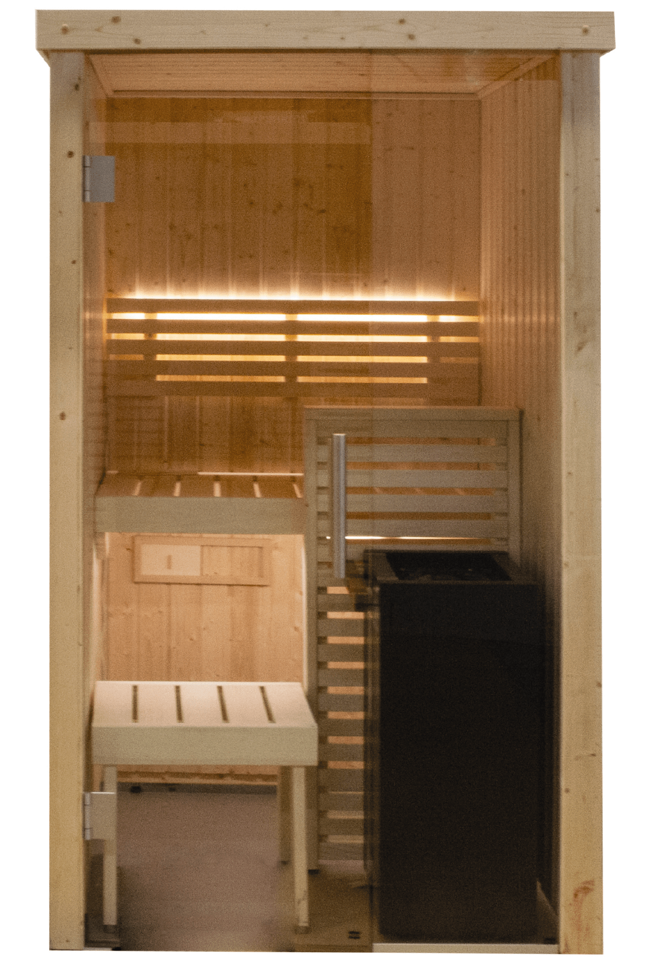 Sauna Interior Harvia Variant Mini com bancos e parede de vidro.