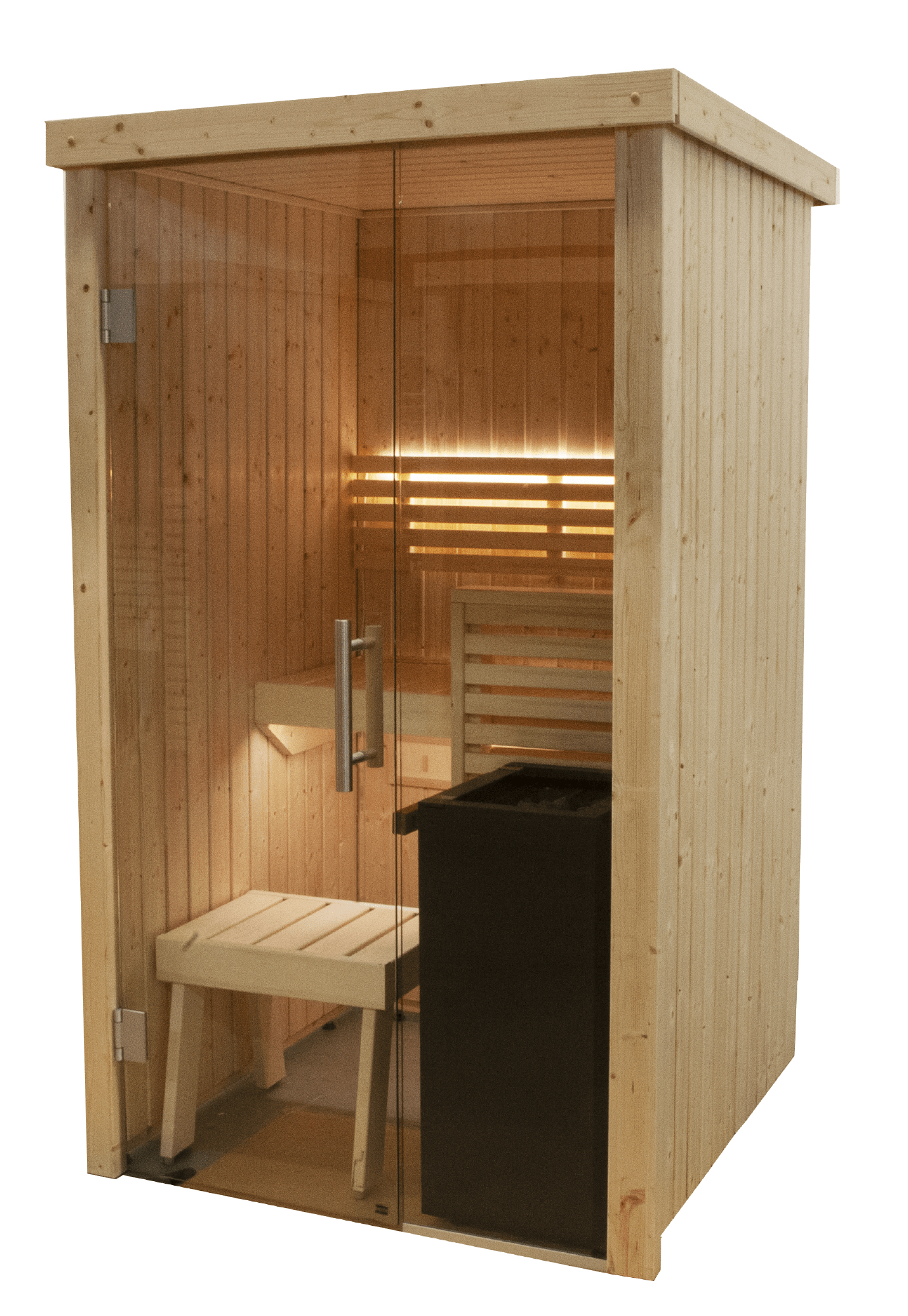 Sauna Interior Harvia Variant Mini com porta de vidro.