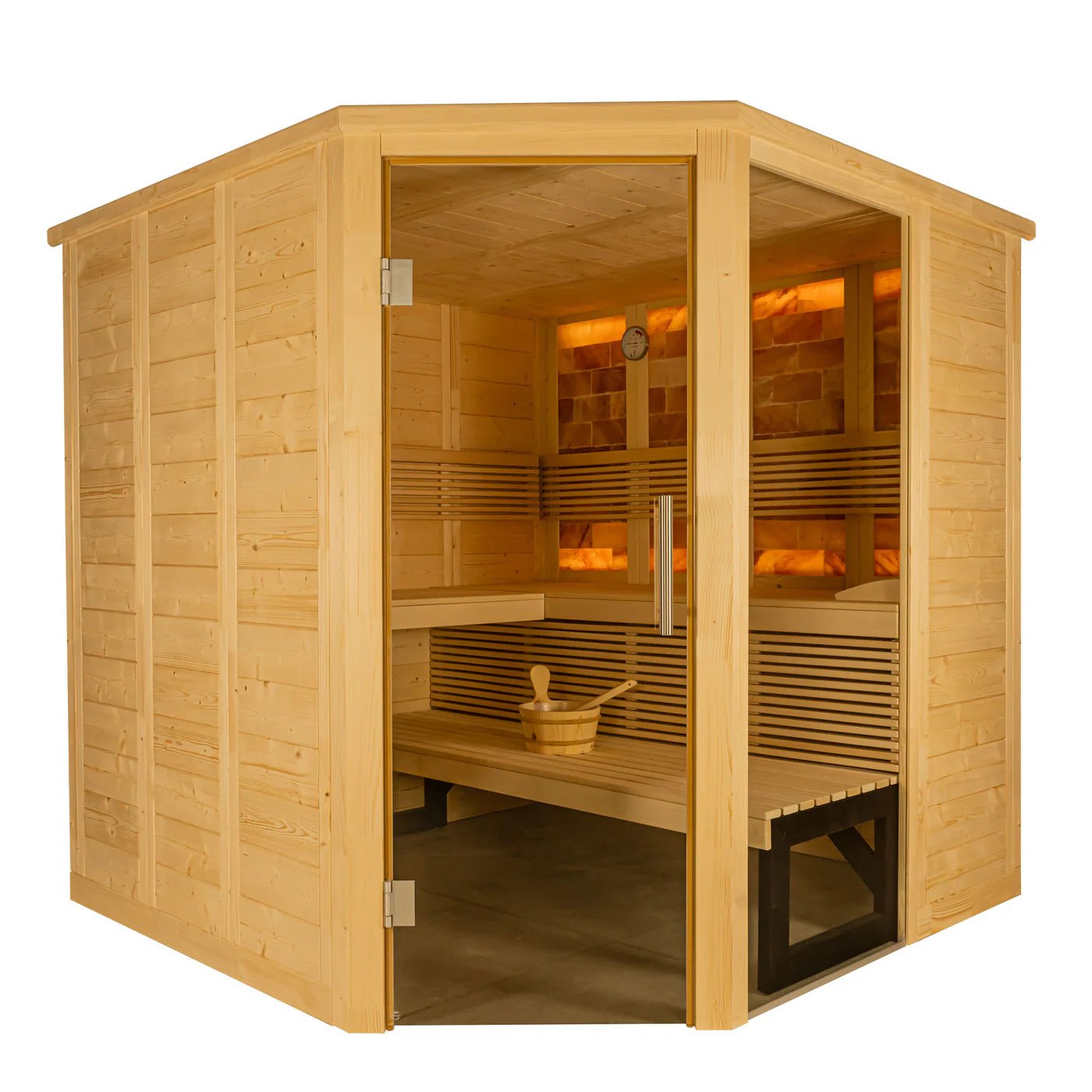 Himalaya Corner indoor sauna with glass door.