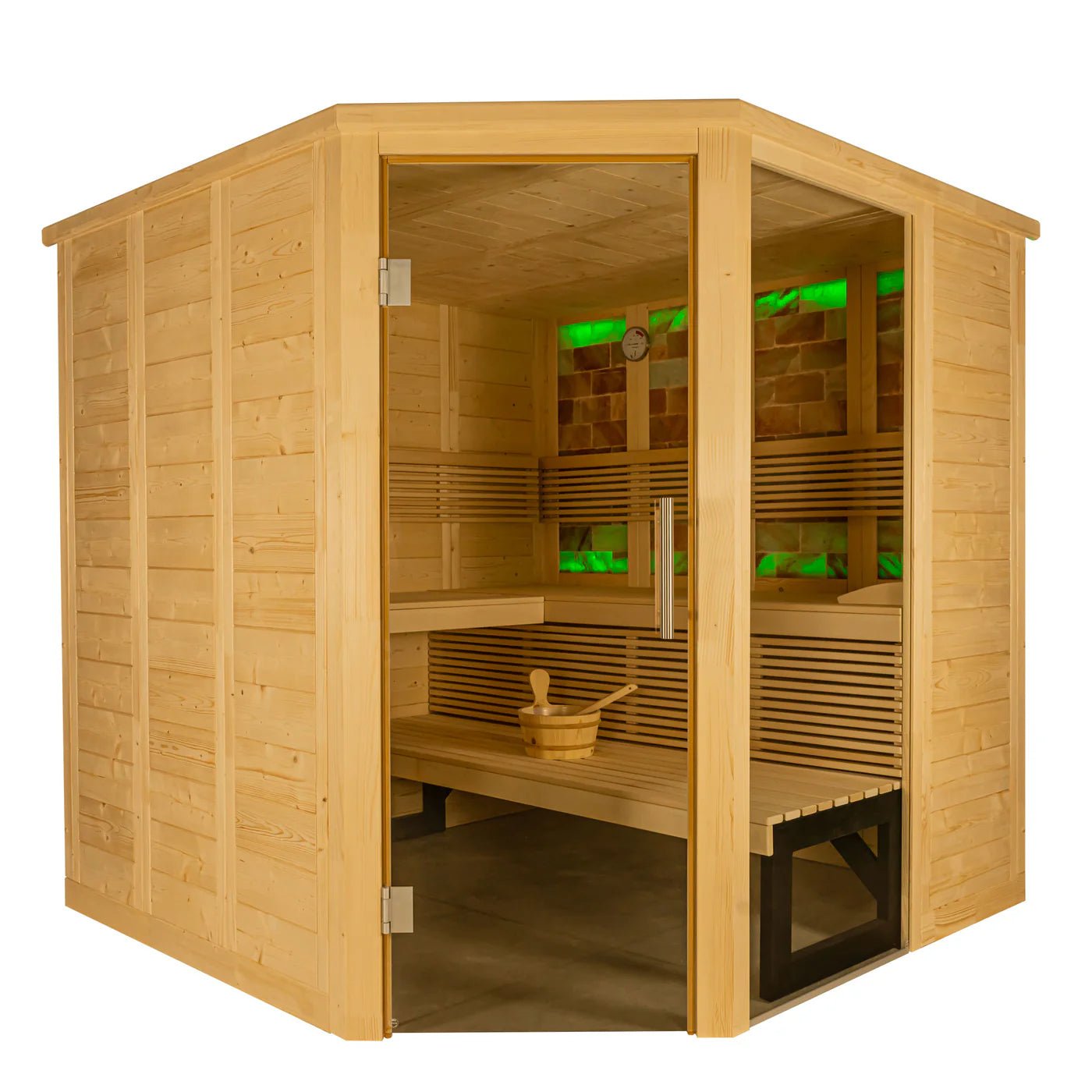 Himalaya Corner Indoor Sauna with glass door and bucket.