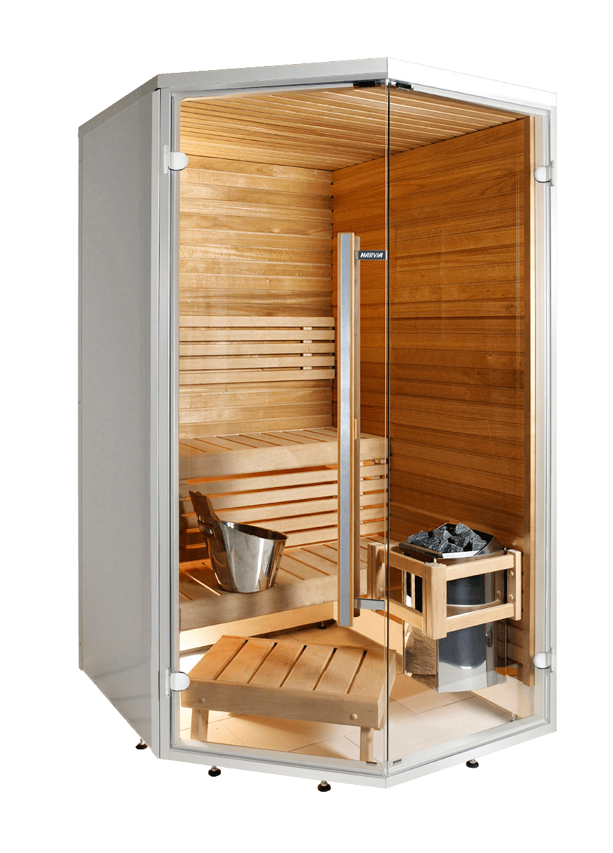 Sirius Corner sauna with glass door and bucket.