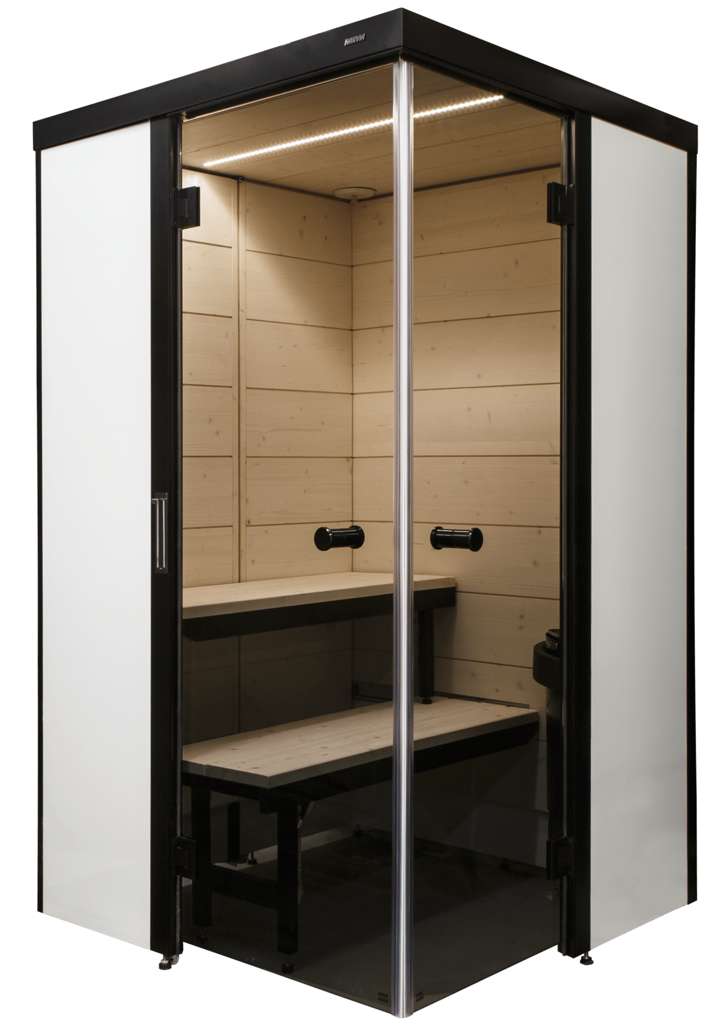 Sauna SmartFold 2.0 avec porte en verre et siège visible.