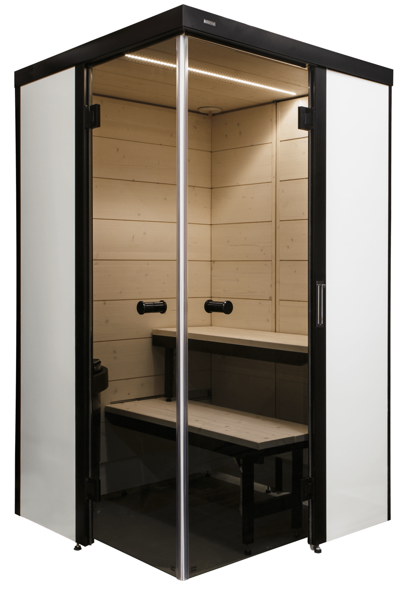 Sauna SmartFold 2.0 avec porte en verre et siège visible.