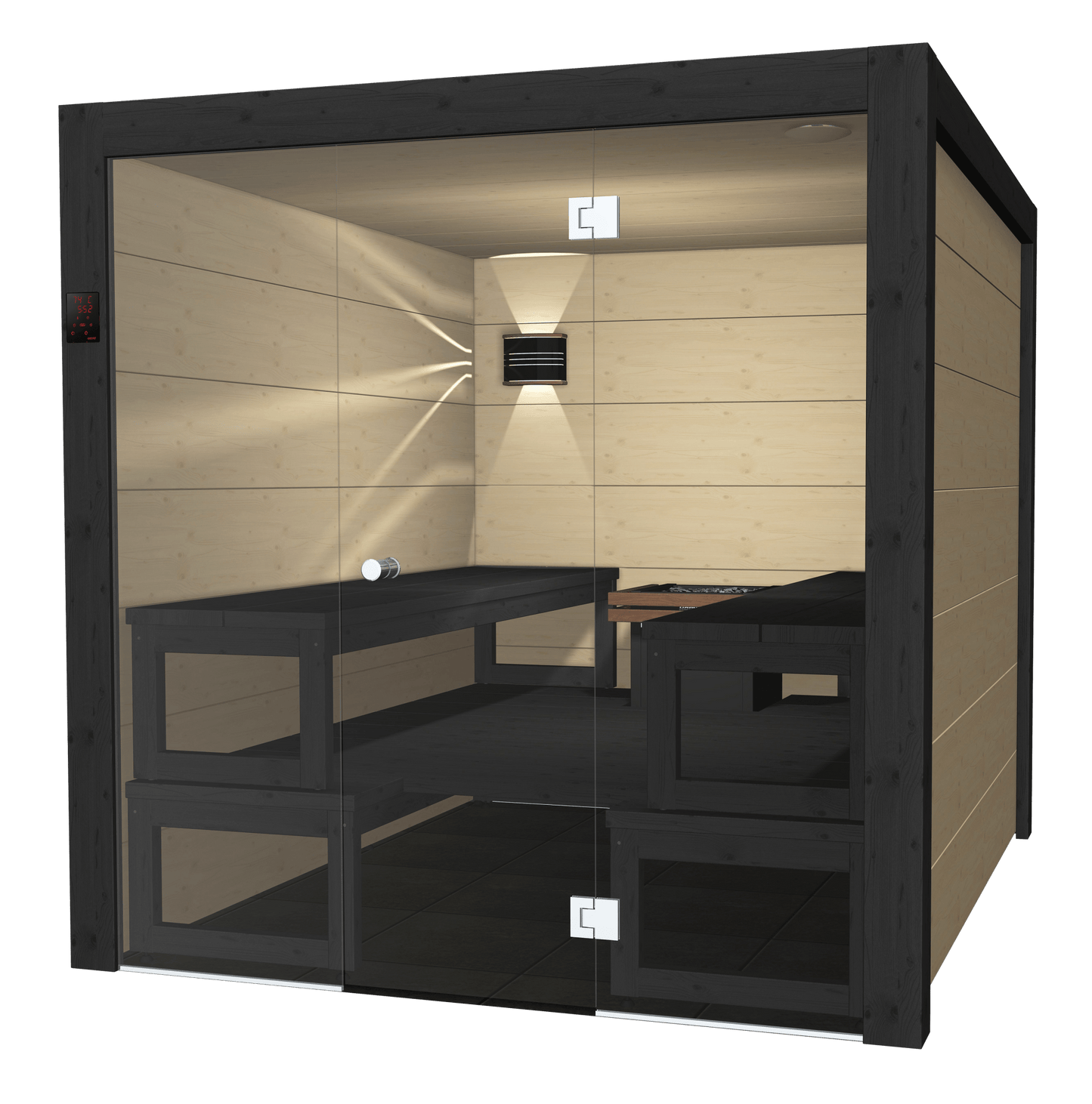 Solide sauna with modern design and glass.