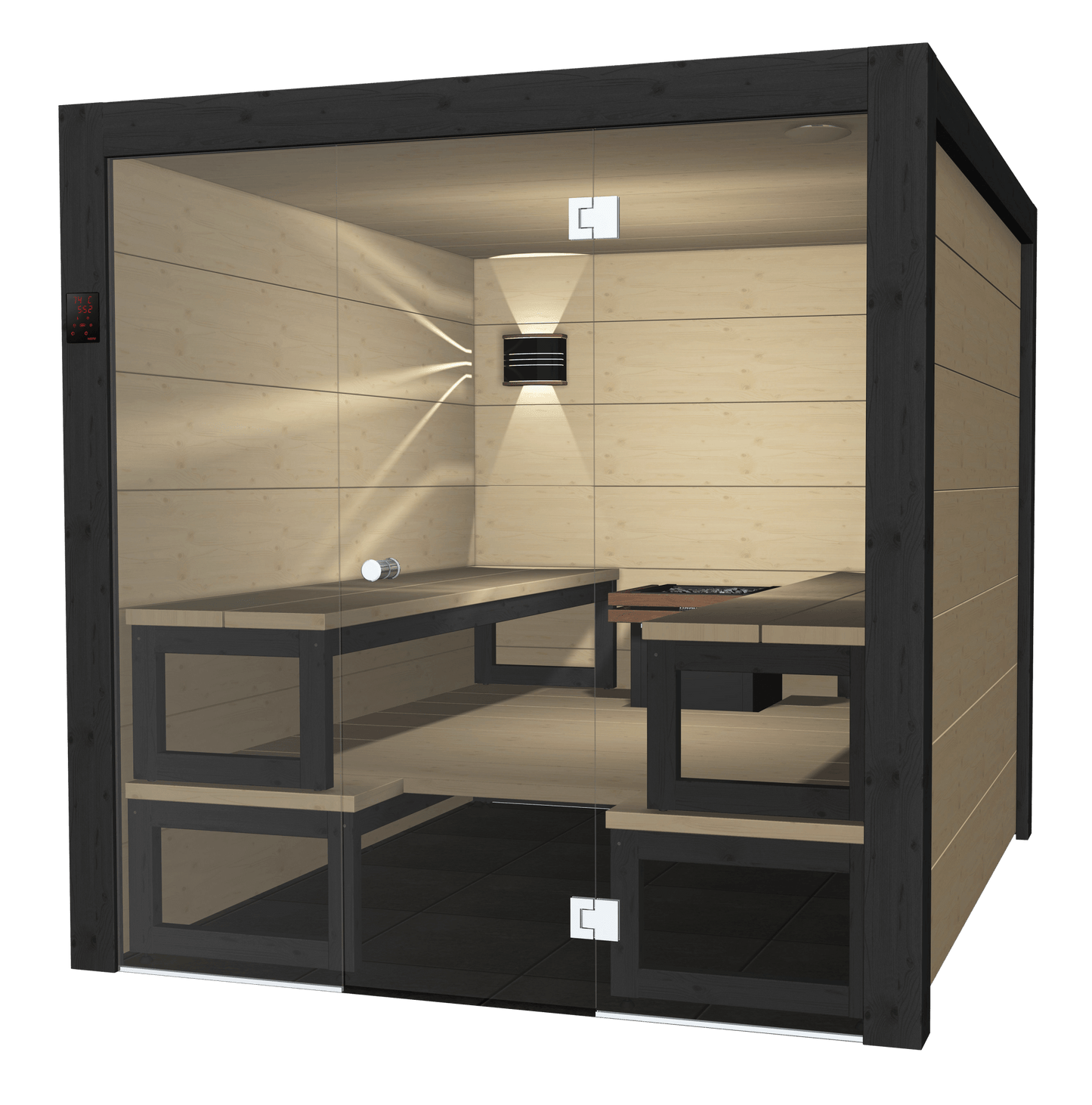 Solide sauna in a modern setting with table and chairs.