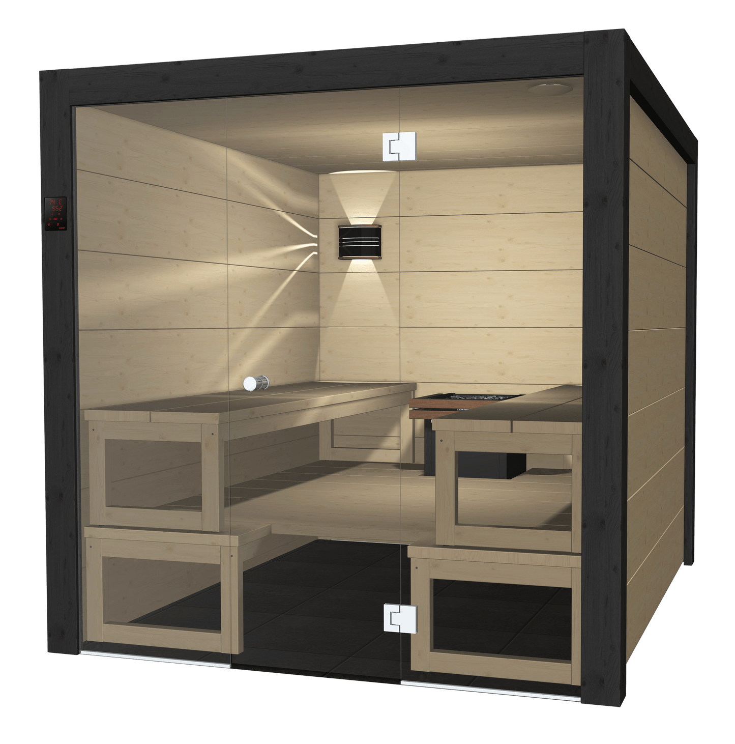 Solide sauna in a modern wooden setting.
