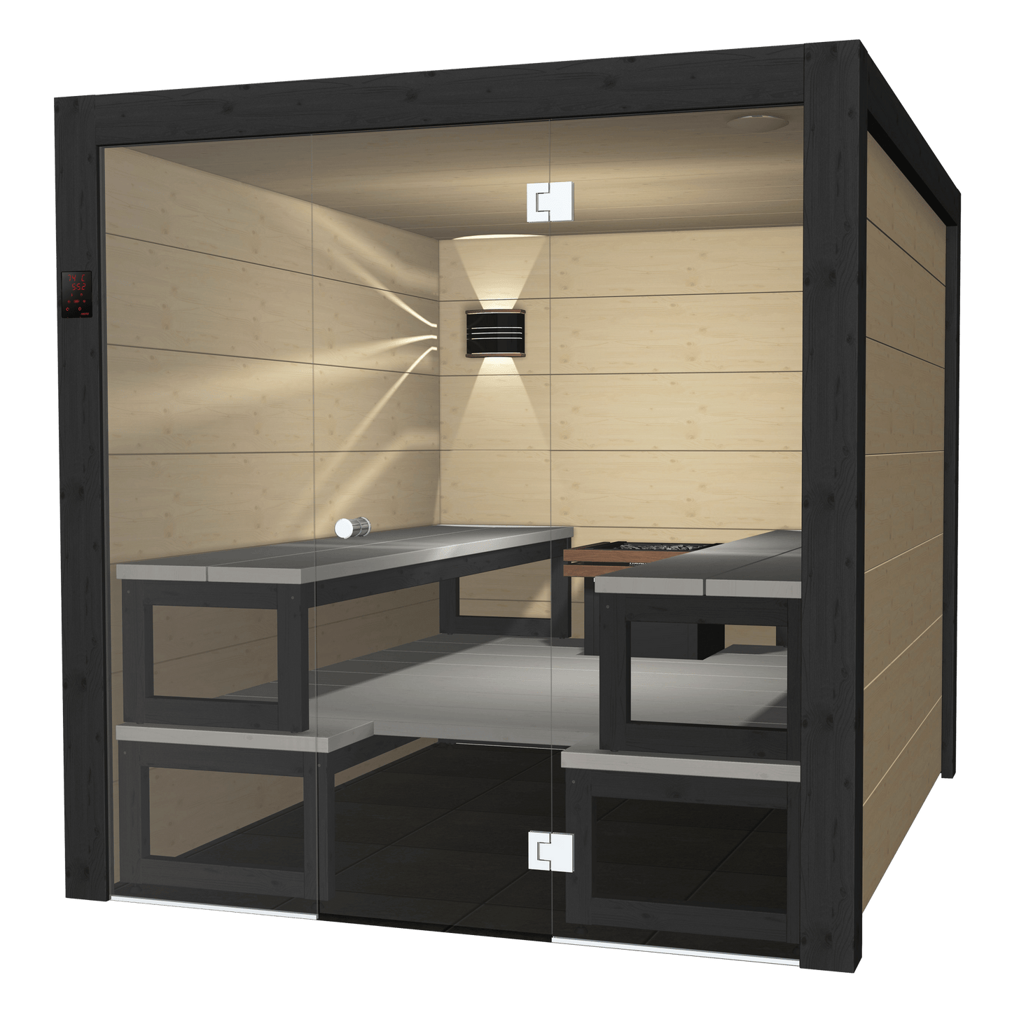 Solide sauna in a modern setting with table and chairs.