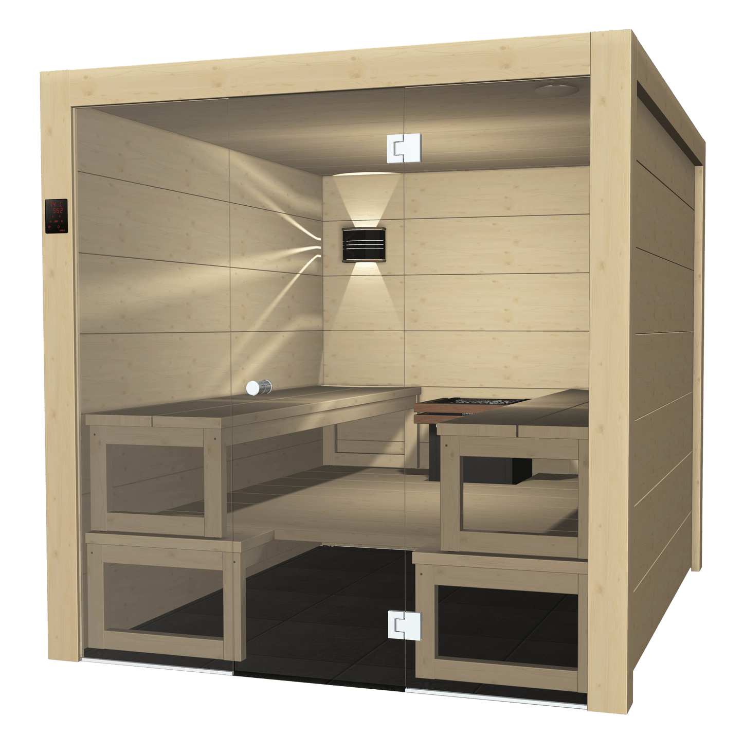 Solide sauna with glass walls and wooden benches.