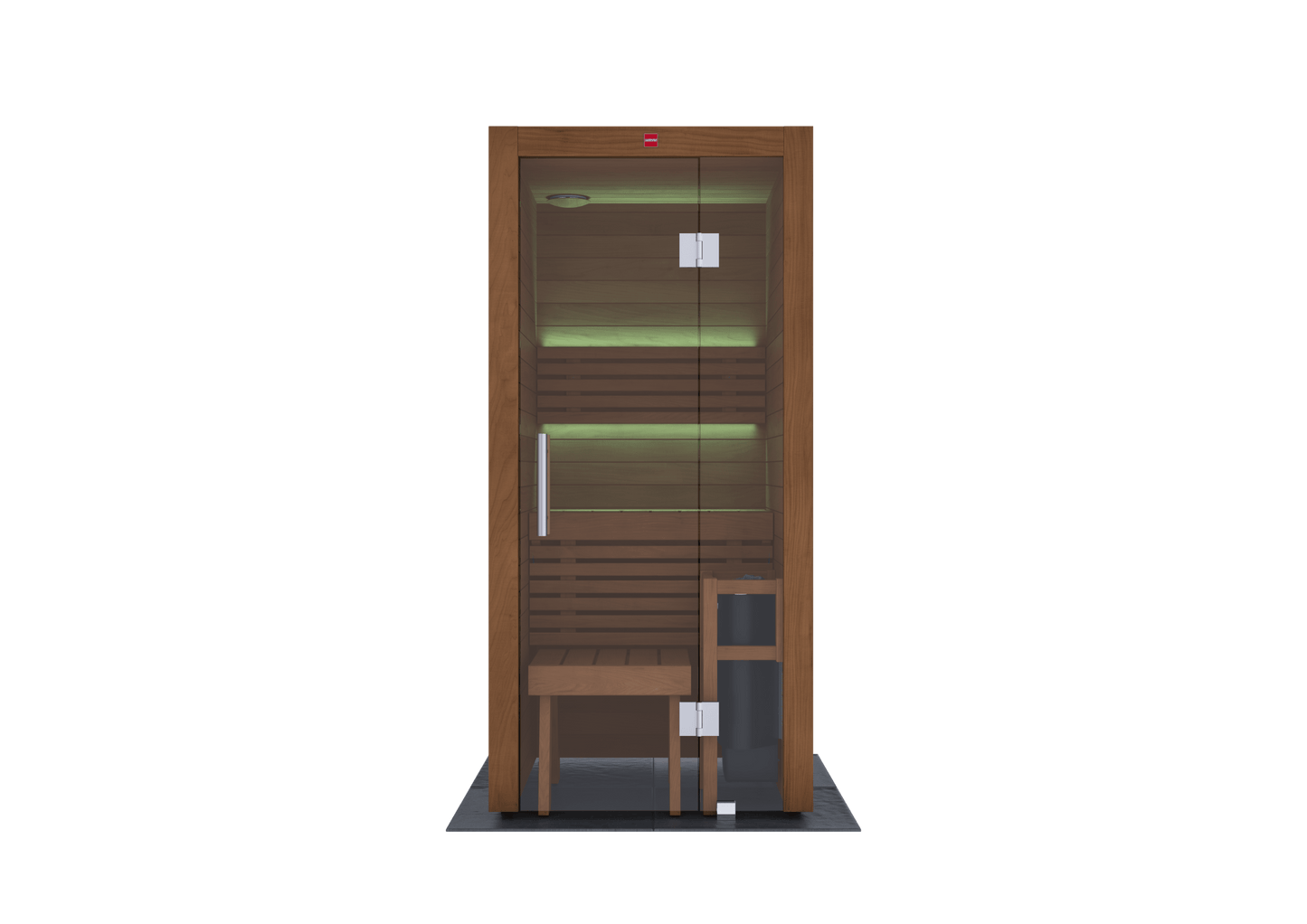 Utu sauna with glass door.