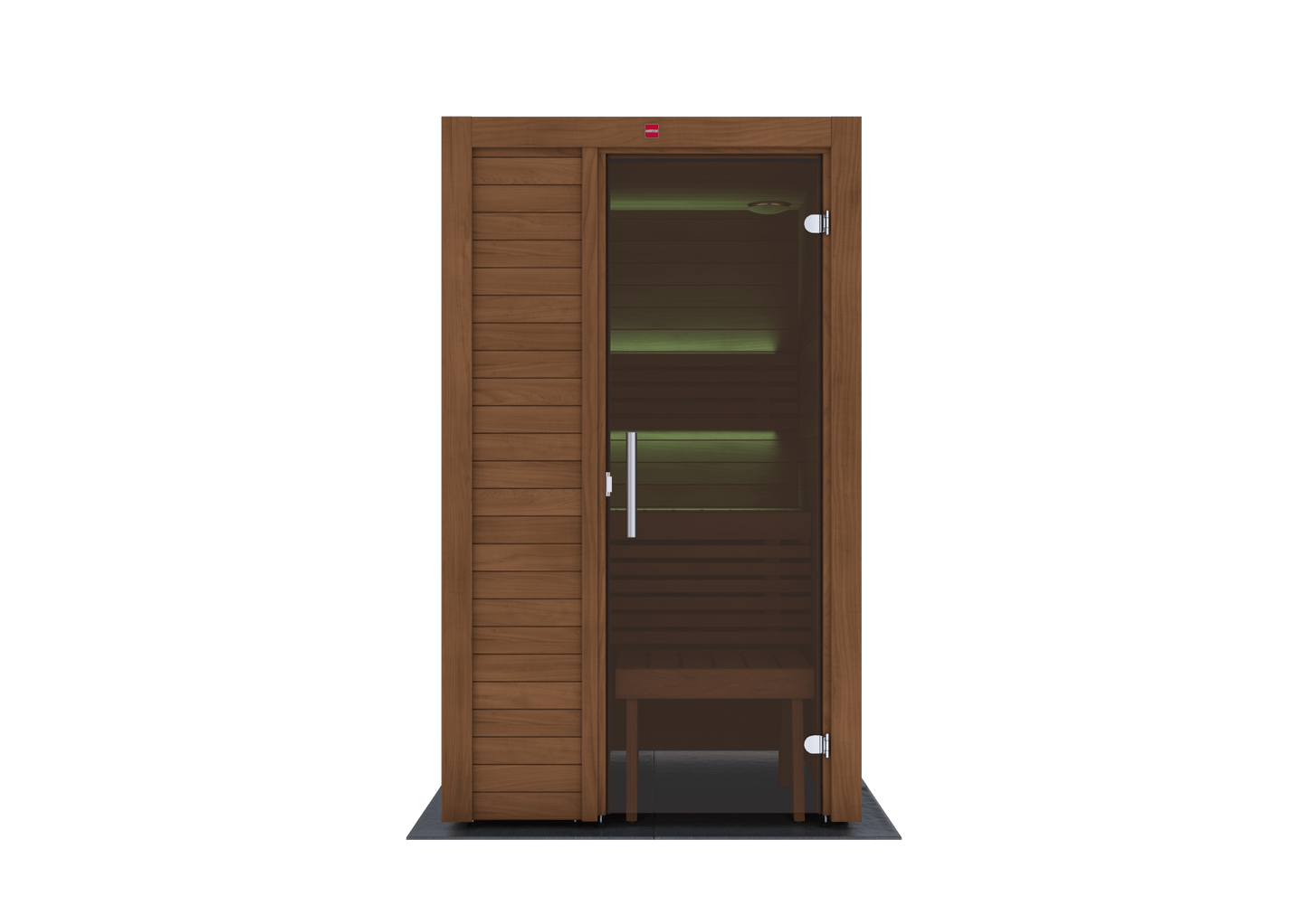 Utu sauna with glass door and wooden bench.