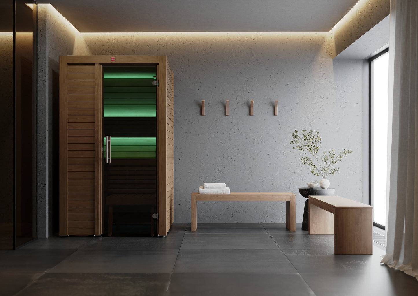 Utu sauna in an elegant setting with a bench and illuminated door.