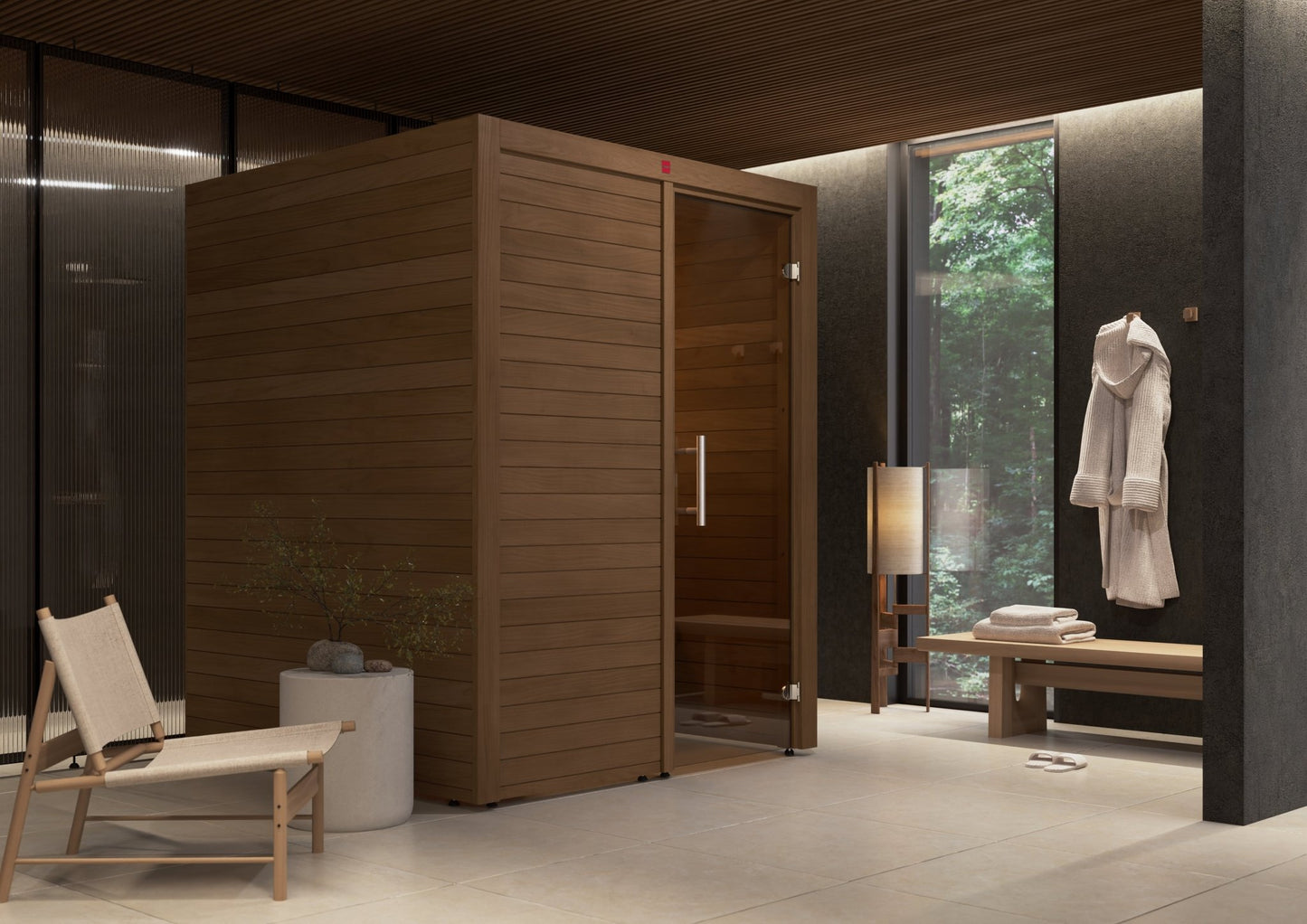 Utu sauna in wooden surround with bench.
