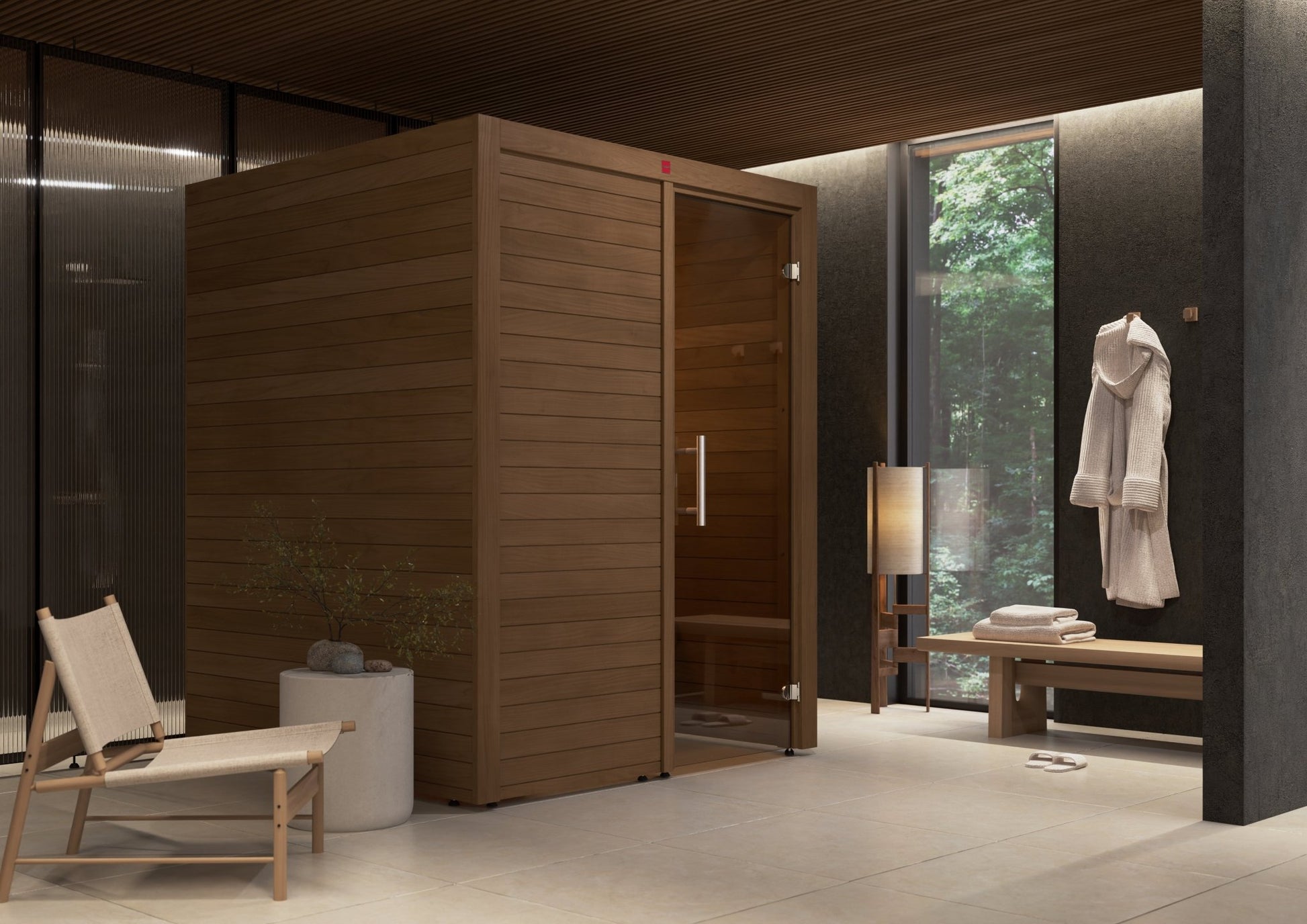 Utu sauna in wooden surround with bench.