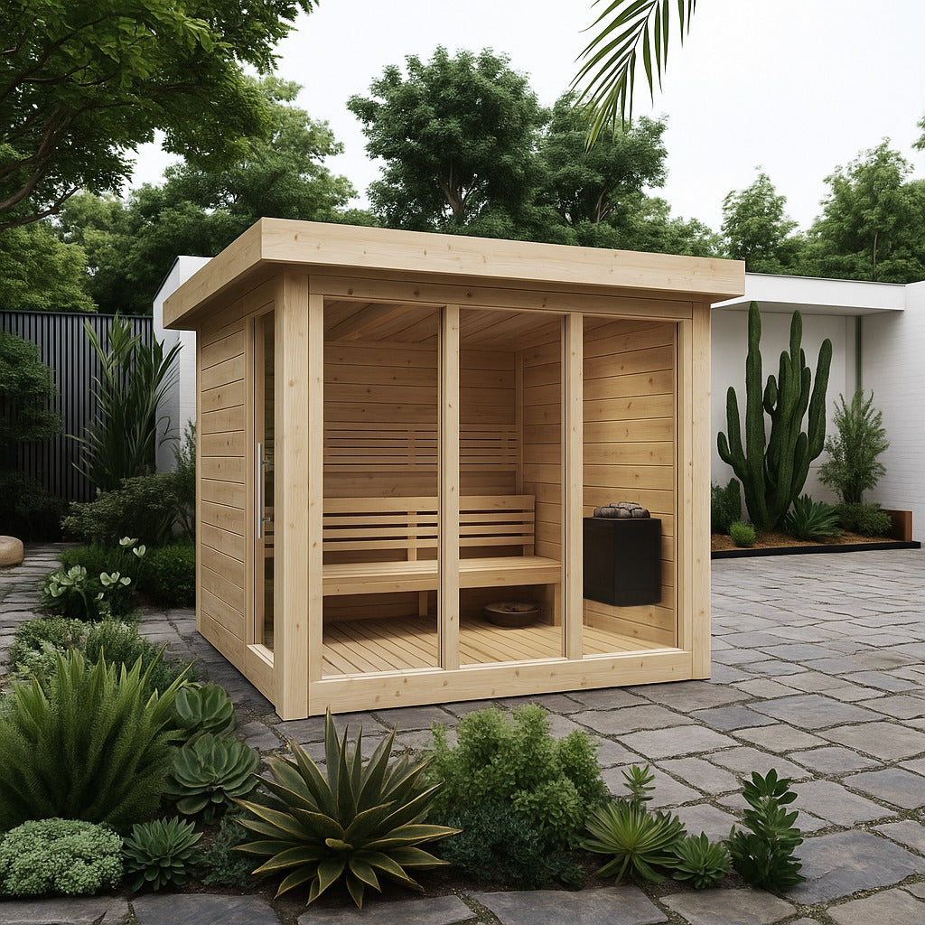 Sauna esterna deluxe con design moderno e ampie finestre.