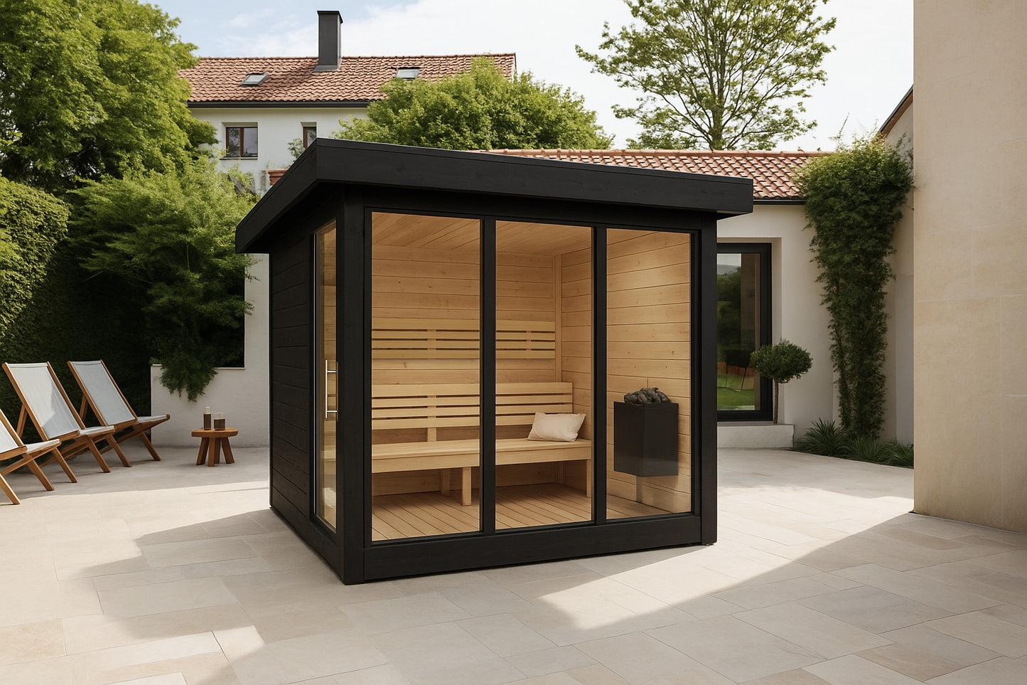 Sauna esterna deluxe dal design sofisticato e dalle ampie vetrate.