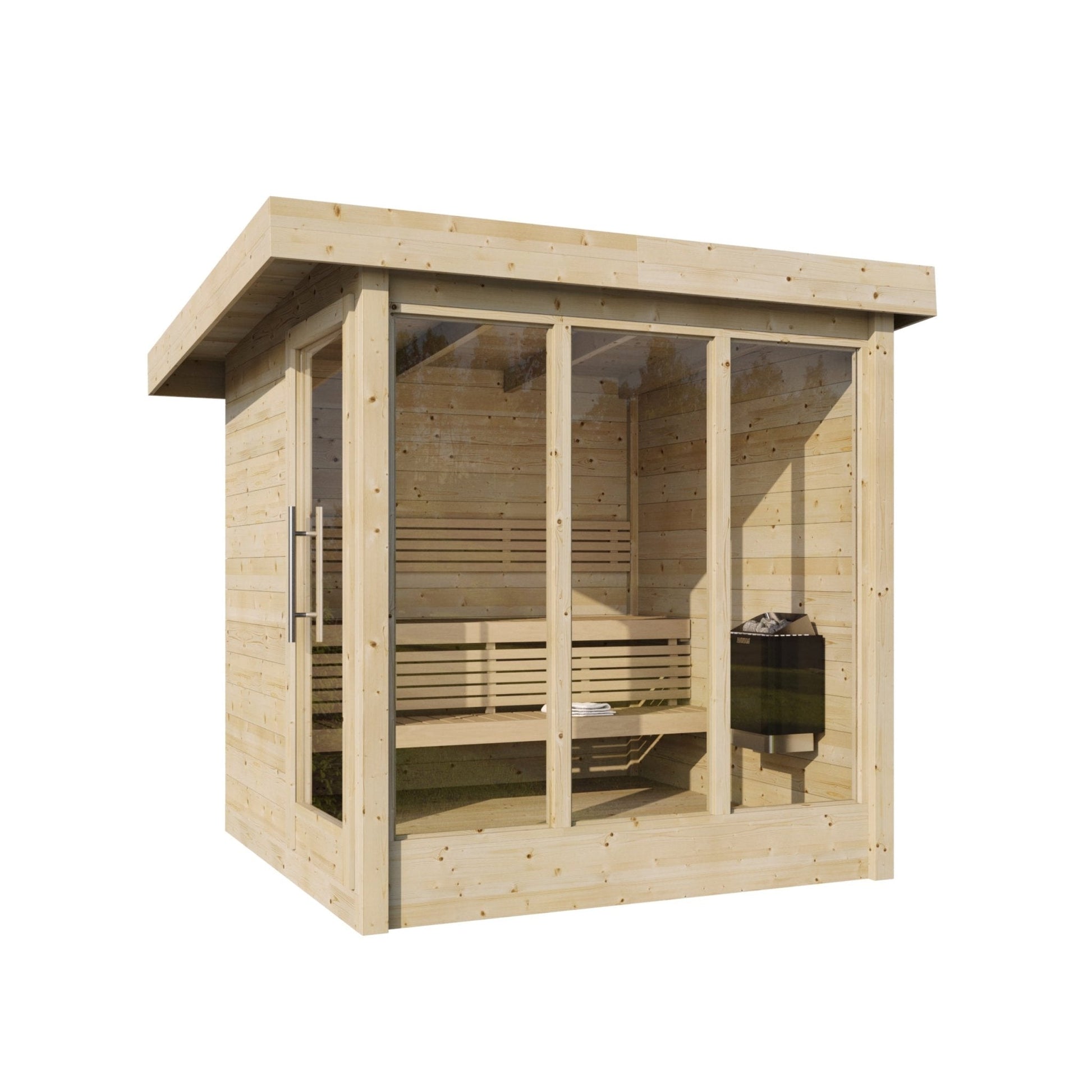 Deluxe outdoor sauna with glass doors and wooden structure.