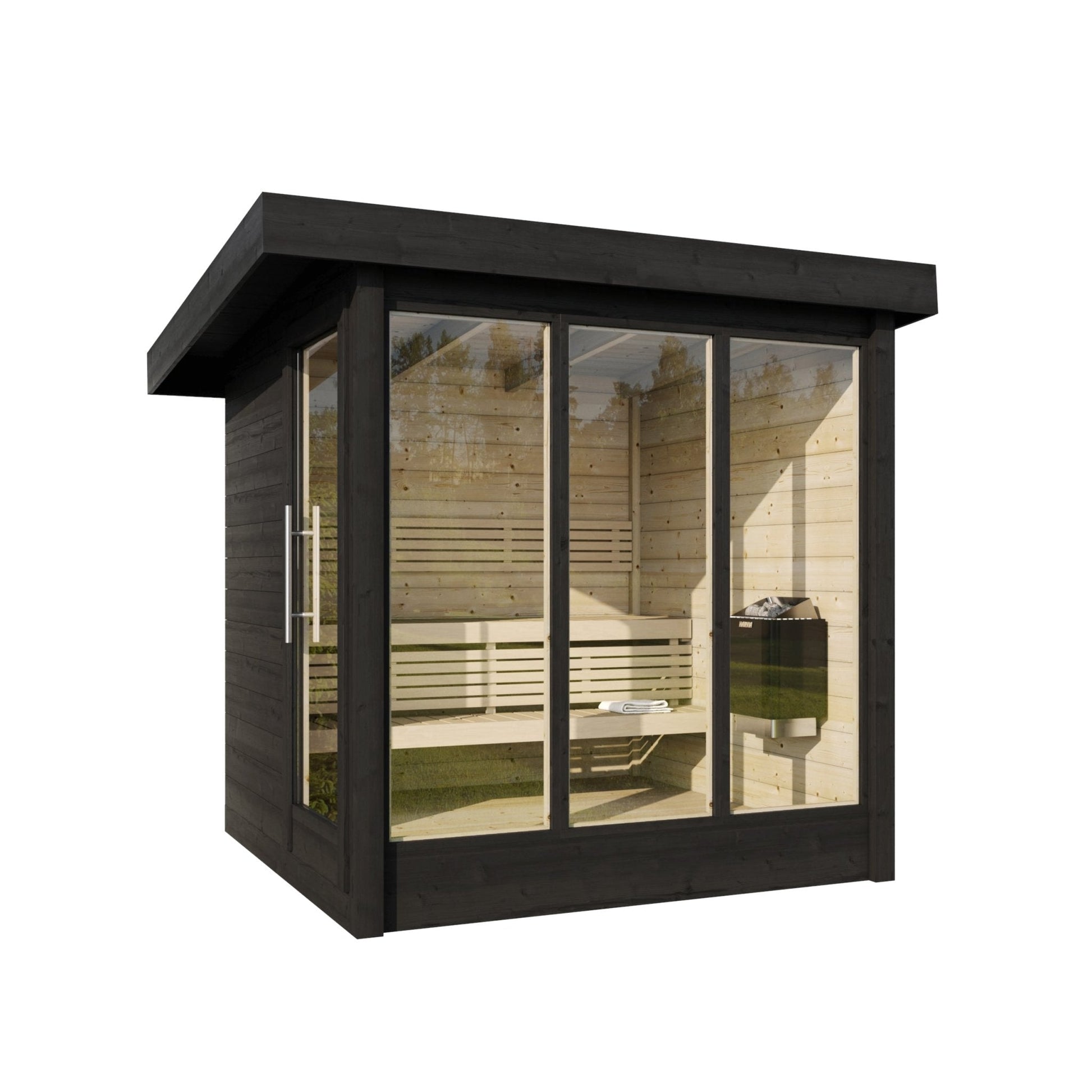 Deluxe outdoor sauna with glass doors and internal seating.