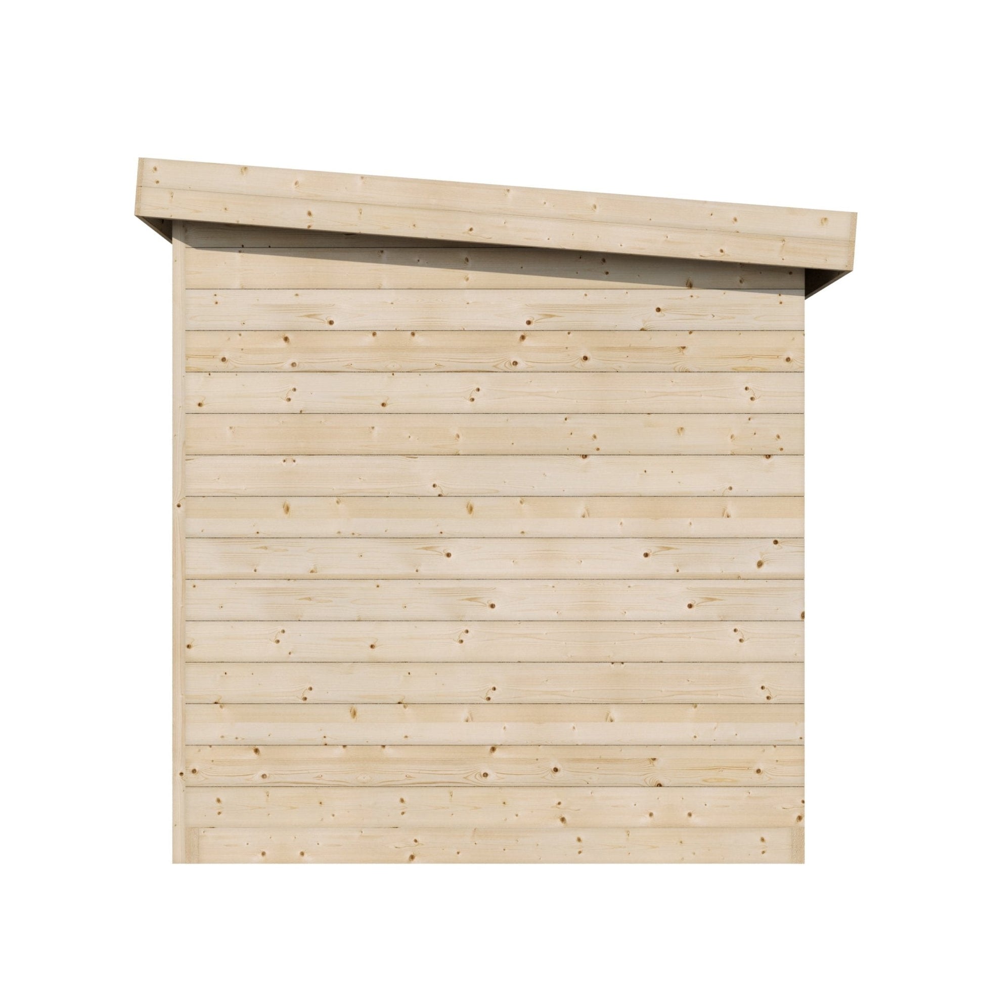 Deluxe outdoor sauna with wooden design and sloping roof.