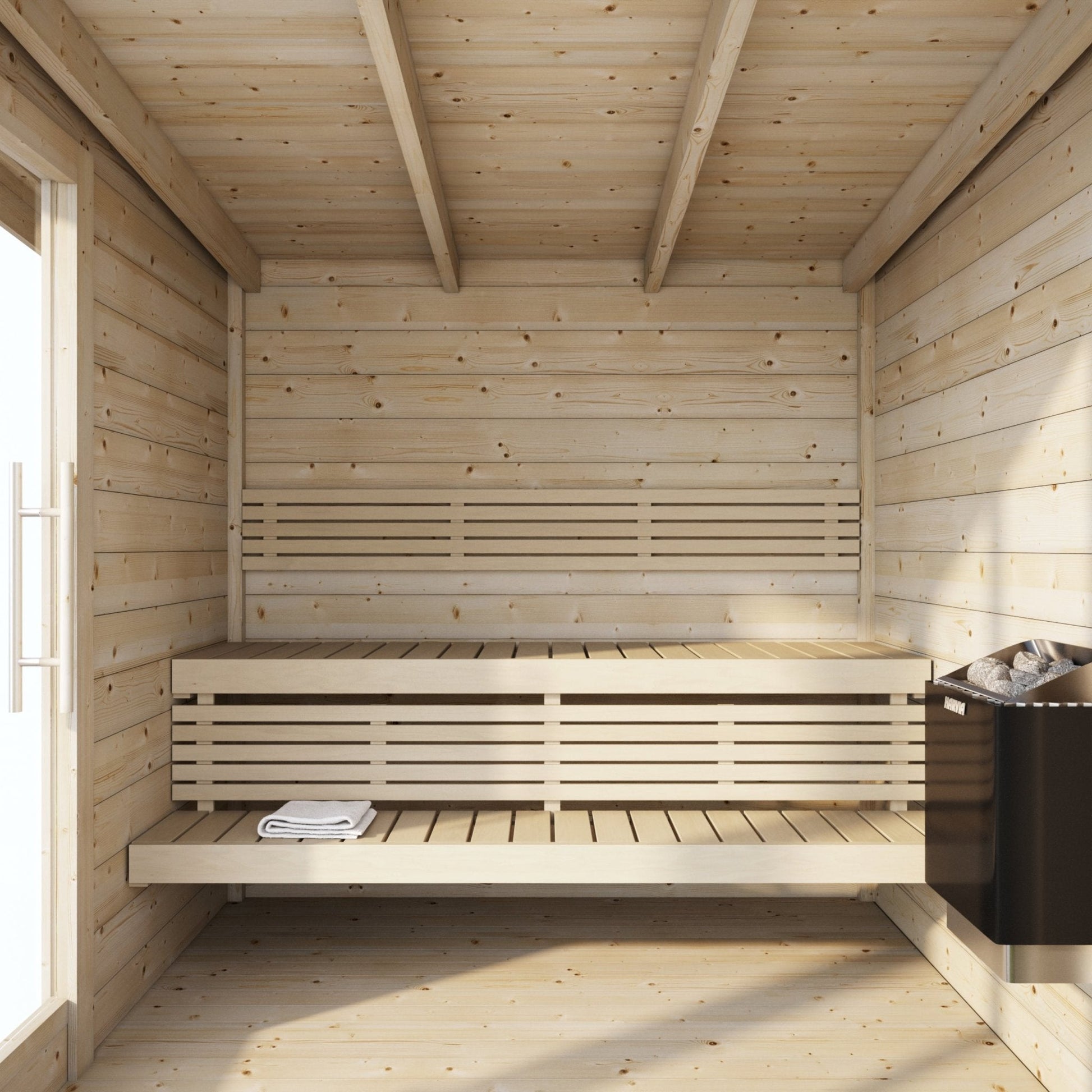 Deluxe outdoor sauna with wooden interior and heater.