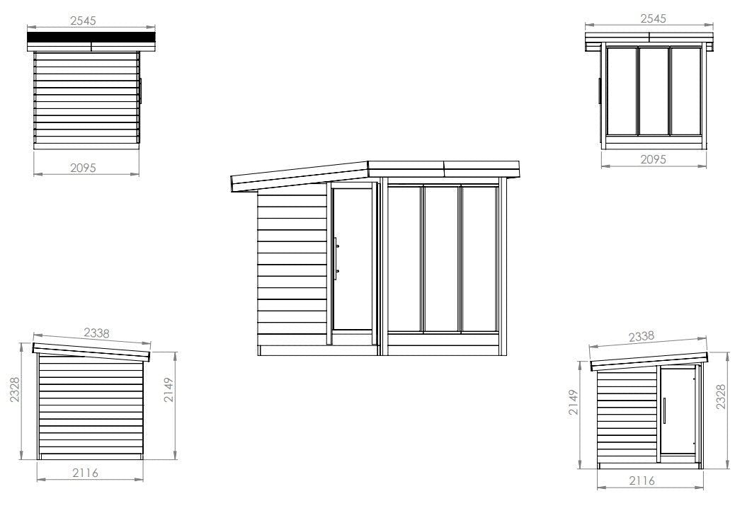 Sauna Exterior Deluxe em desenho técnico, destacando design e janelas.