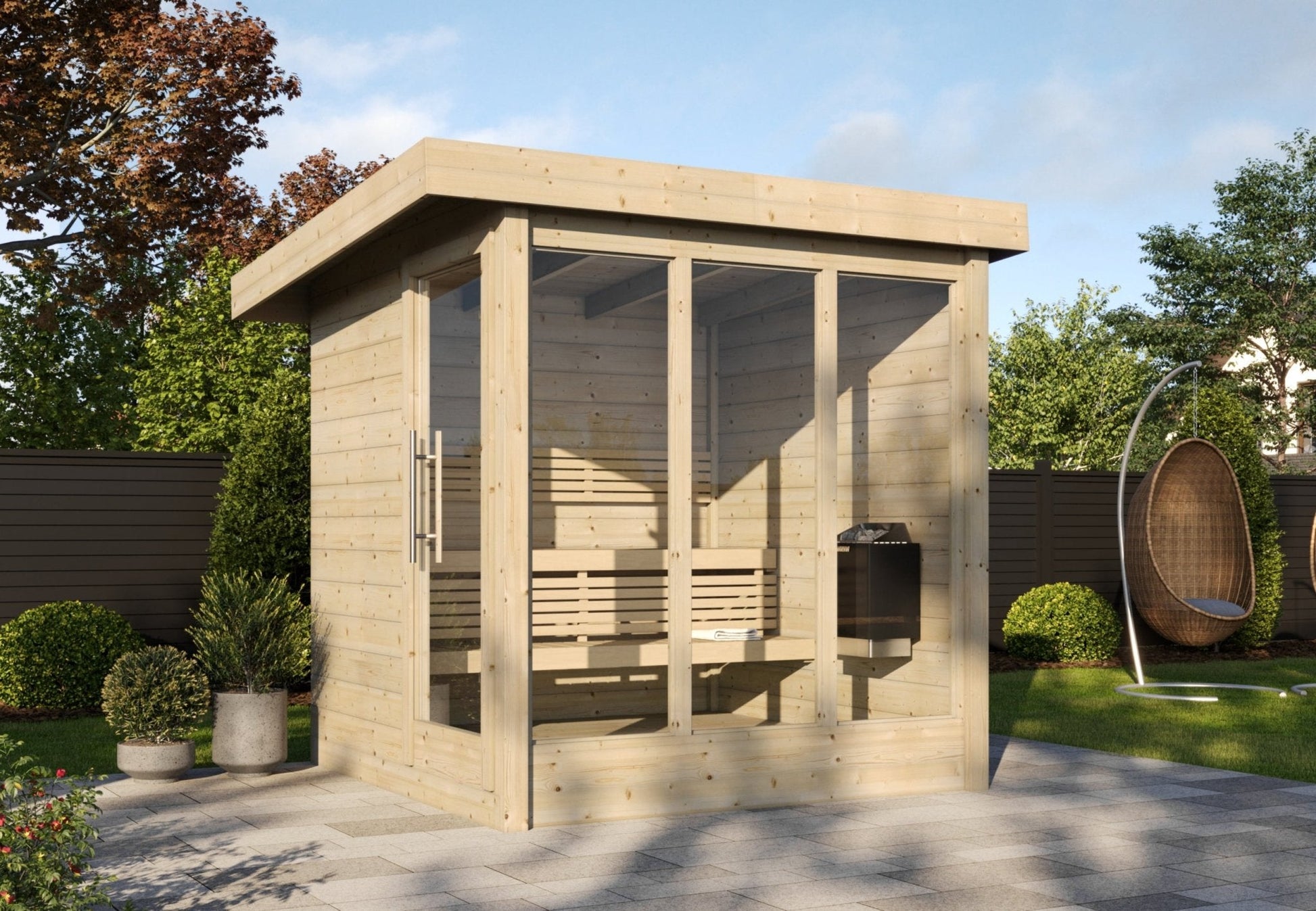 Deluxe outdoor sauna with glass doors and wooden structure.