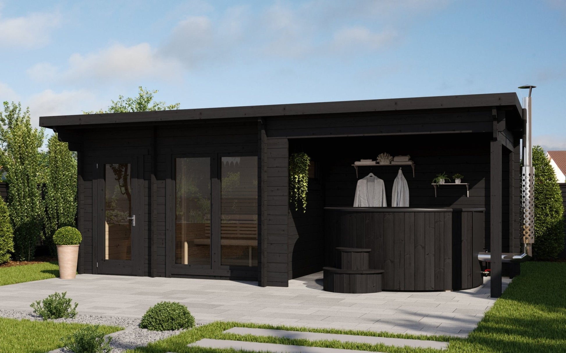 Deluxe Spa outdoor sauna with multifunctional structure.