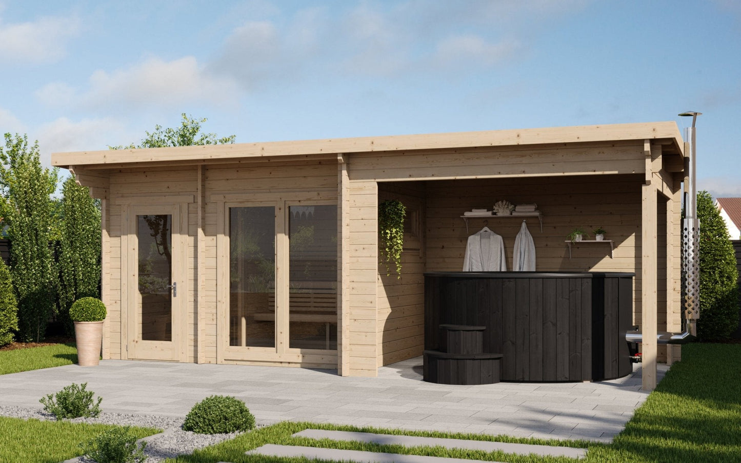 Sauna Exterior Deluxe Spa con jacuzzi y vestuario.
