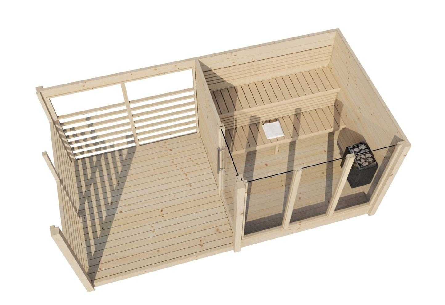 Sauna Exterior Deluxe Terrace com fachada envidraçada e terraço coberto.