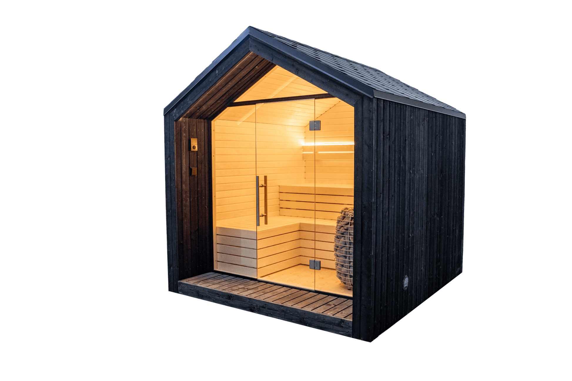 Lumi outdoor sauna with glass door.