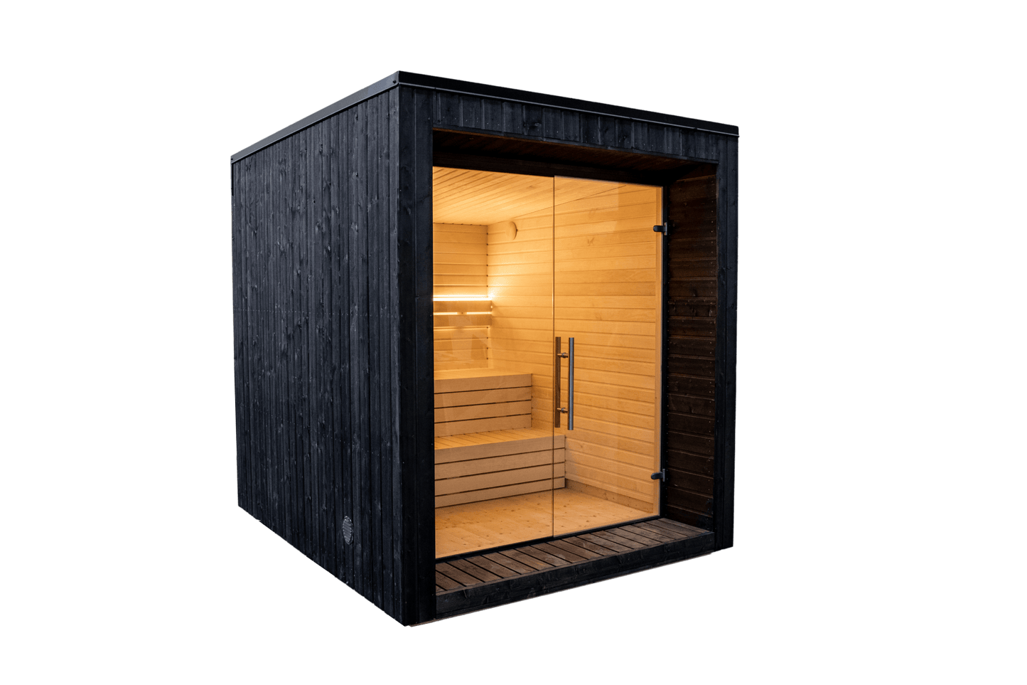 Sauna exterior Lumi con puerta de cristal.