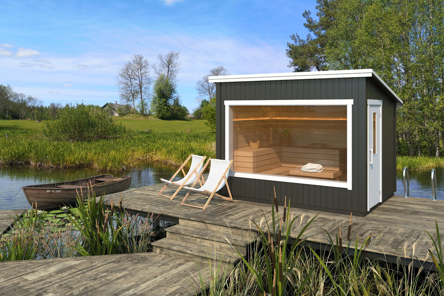 Modular outdoor sauna on a deck with chairs.
