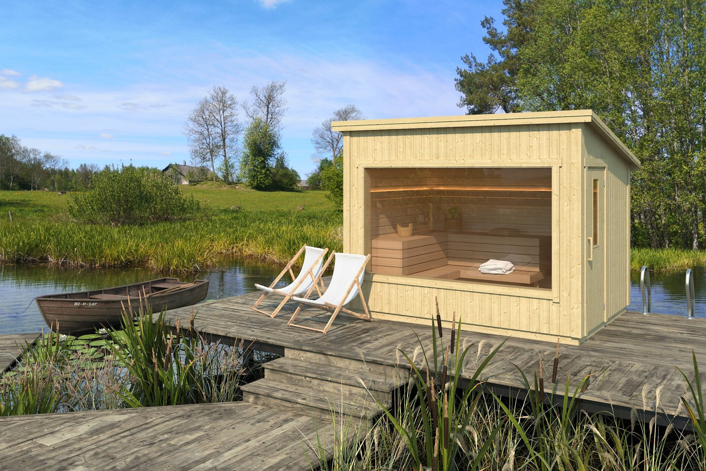 Modular outdoor sauna (insulated) on wooden deck.