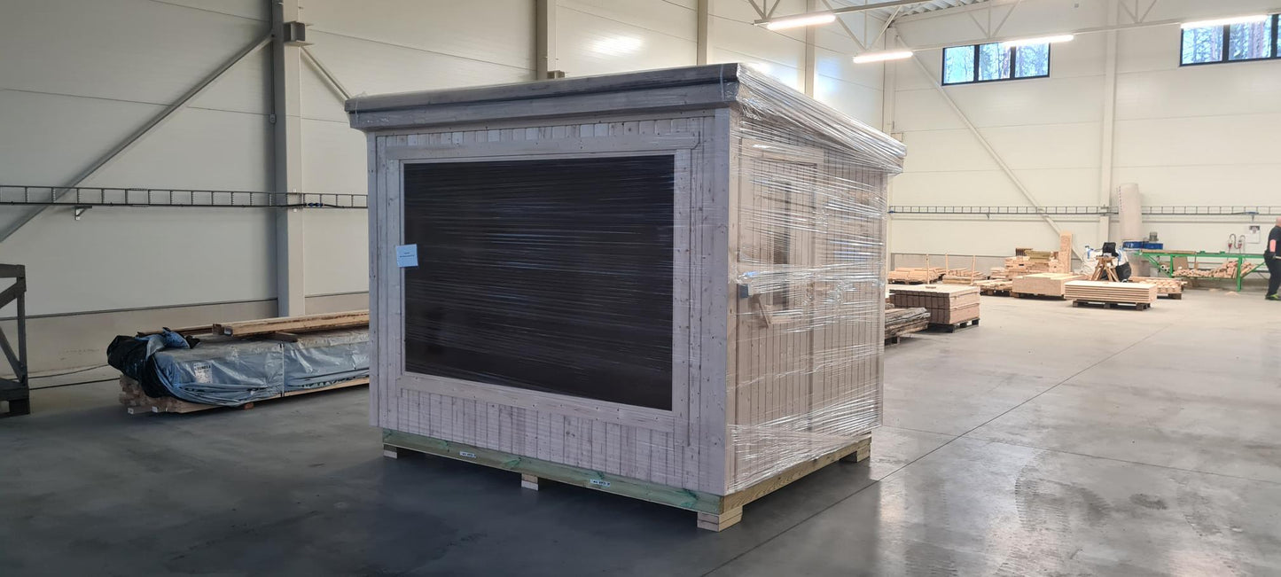 Modular outdoor sauna (insulated) packed in plastic.