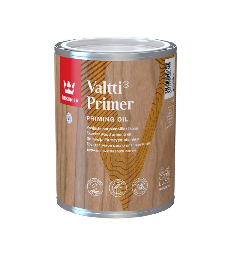 Tikkurila Priming Oil 0.9L in a can with a wooden design.