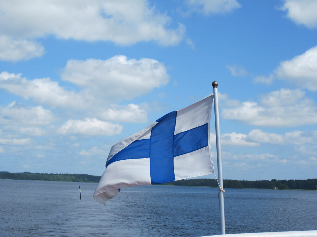 Bandeira de Finlandia em mastro com lago ao fundo.